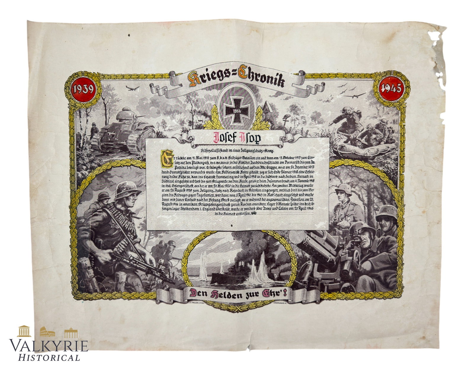 Really Nice Diploma Issued to WW1 and WW2 Customs Assistant in a Border Defence Company Veteran: Really Nice Diploma Issued to a German WW1 and WW2 Customs Assistant in a Border Defence Company Veteran who was a POW in a American POW camp at the end o the WW2. The diploma is very well made, telli