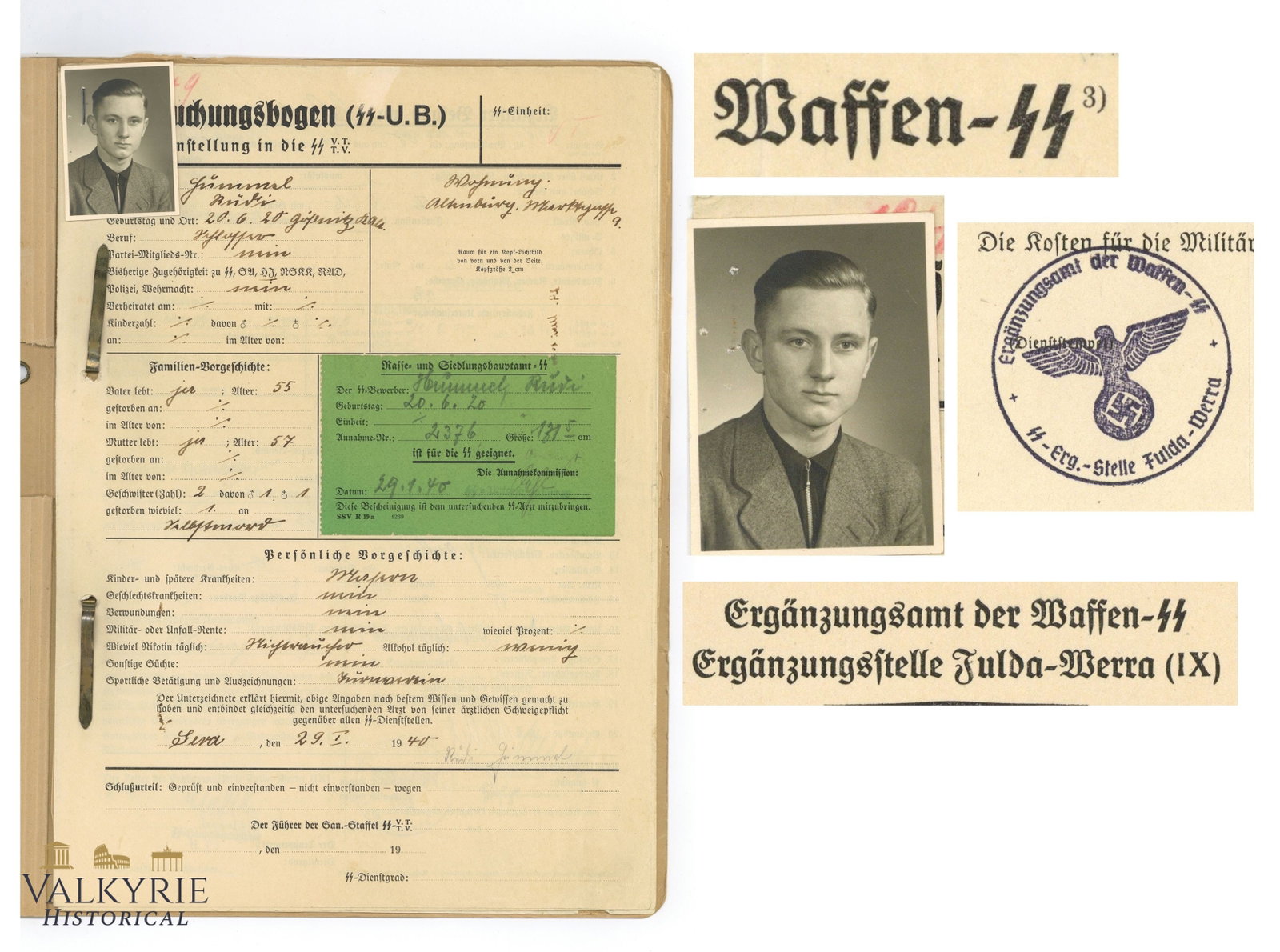 Waffen SS Personnel File of SS-Candidate Rudi Hummel: Personnel file of SS candidate Rudi HummelSS Disposal Troop II/SS Artillery Replacement Section 8th Battery.1.) Stammkarte (Master card).2.) Untersuchungsbogen (Examination form).3.) Fragebogen (Quest
