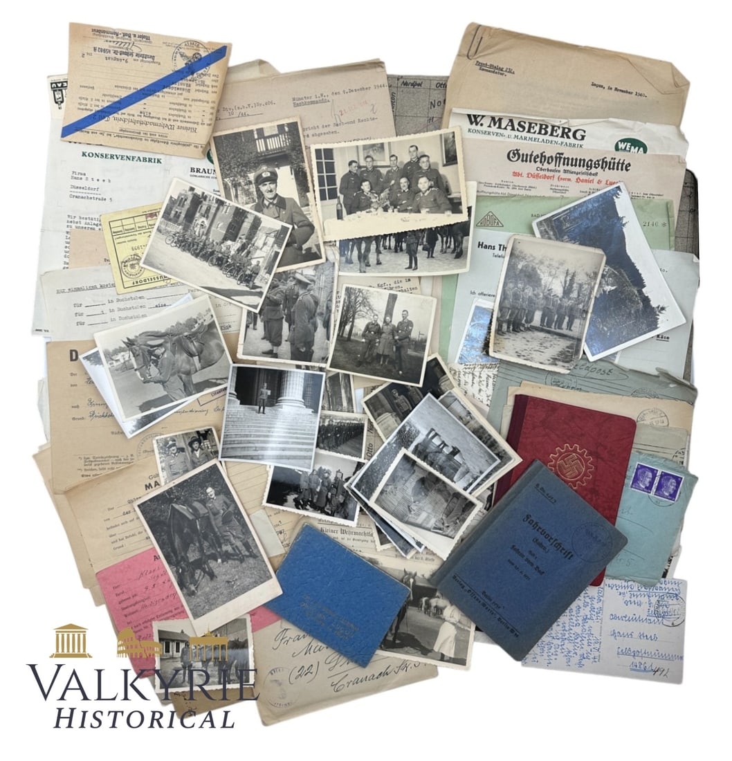 Big Set of Documents of a Wehrmacht Cavalry NCO: Big Set of Documents of a Wehrmacht Cavalry NCO. Set comprises: Some Feldpost postcards, many photos of this man during the war in different situations, his DAF membership booklet, some other Wehrmach