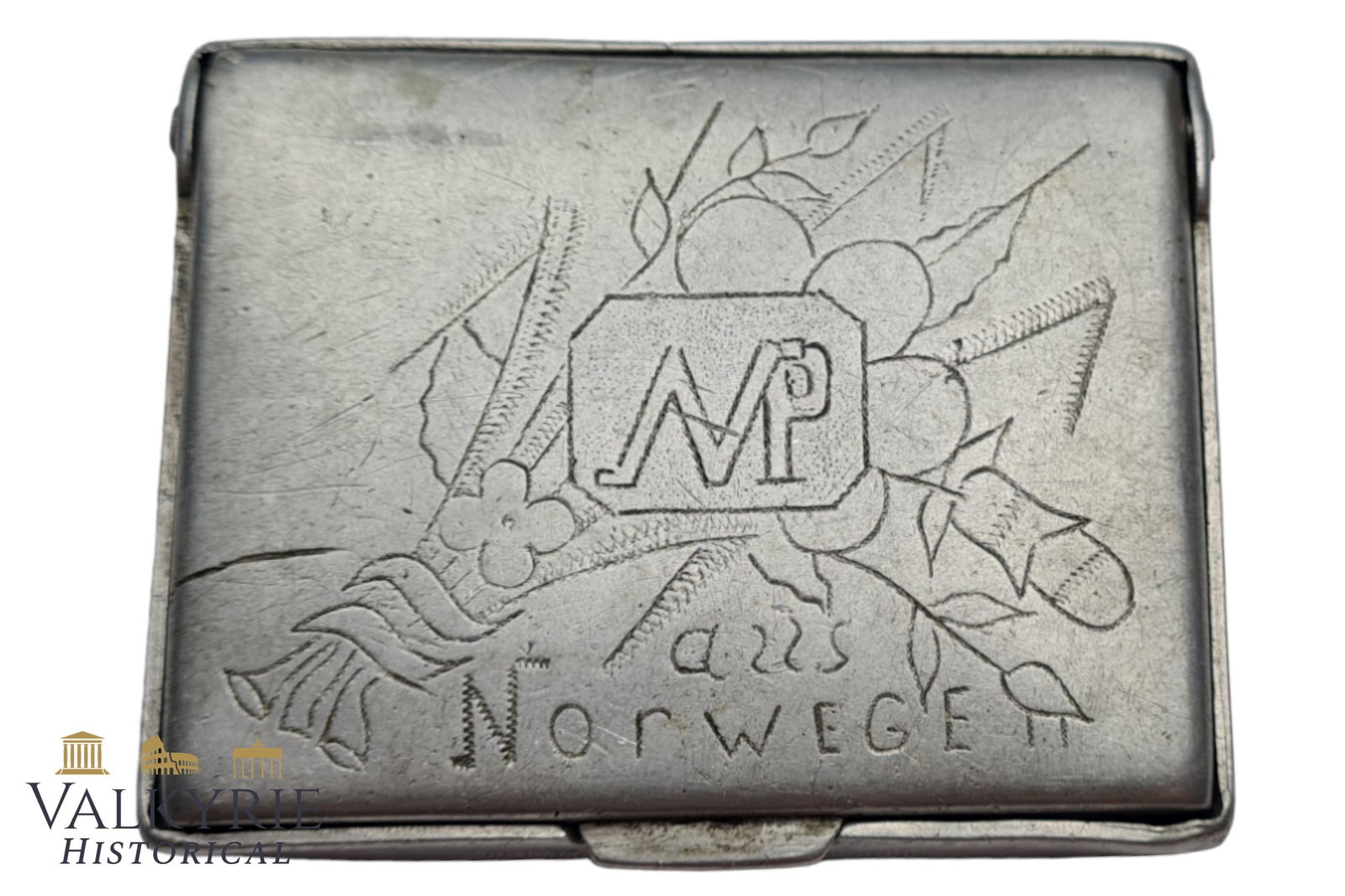 Trench Art Hand Engraved Aluminum Cigarette or Match case with Norway Motifs Dated 1944 (1 of 8)