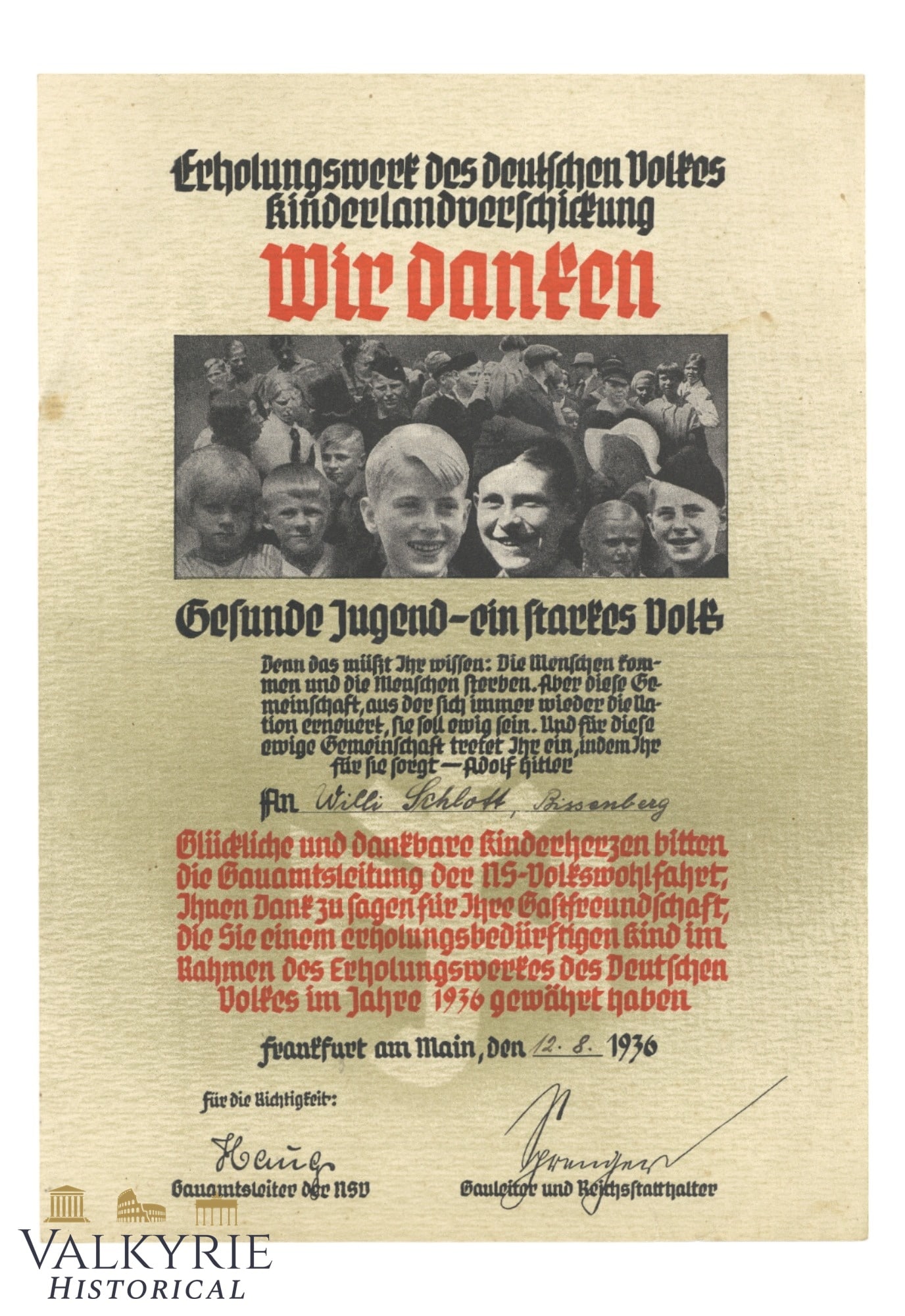 Nazi Diploma Issued to a German Child in 1936 "We Thank. Healthy Youth - a Strong Nation": Nazi Diploma Issued to a German Child in 1936 "We Thank. Healthy Youth - a Strong Nation". Shipping flat cost $25 it doesn't matter how many items you win. you pay just $25 for shipping.
