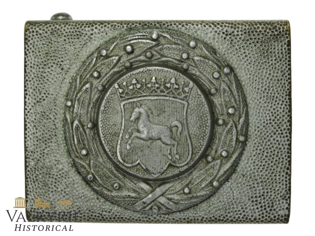 German Hannover Feuerwehr/Landwehr Buckle: (State Of Hannover Police/ Fire). Weimarer Republic variant, 2 piece unmarked buckle (Kasten-Koppelschloss). The rear of the buckle has the correct folded mounting pins. Recommended variant for Police