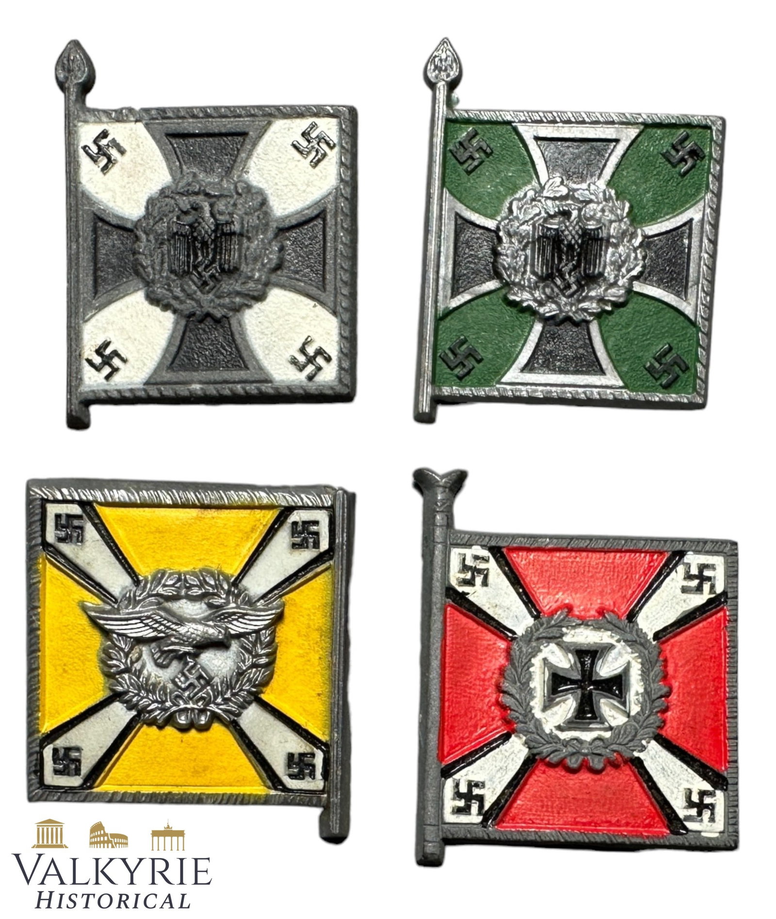 Set of 4 WHW Tinnies of Wehrmacht Regimental Flags: Set of 4 WHW Tinnies of Wehrmacht Regimental Flags. Flak Artillery, Jaeger, Luftwaffe and Infantry. Shipping flat cost $25 it doesn't matter how many items you win. you pay just $25 for shipping.