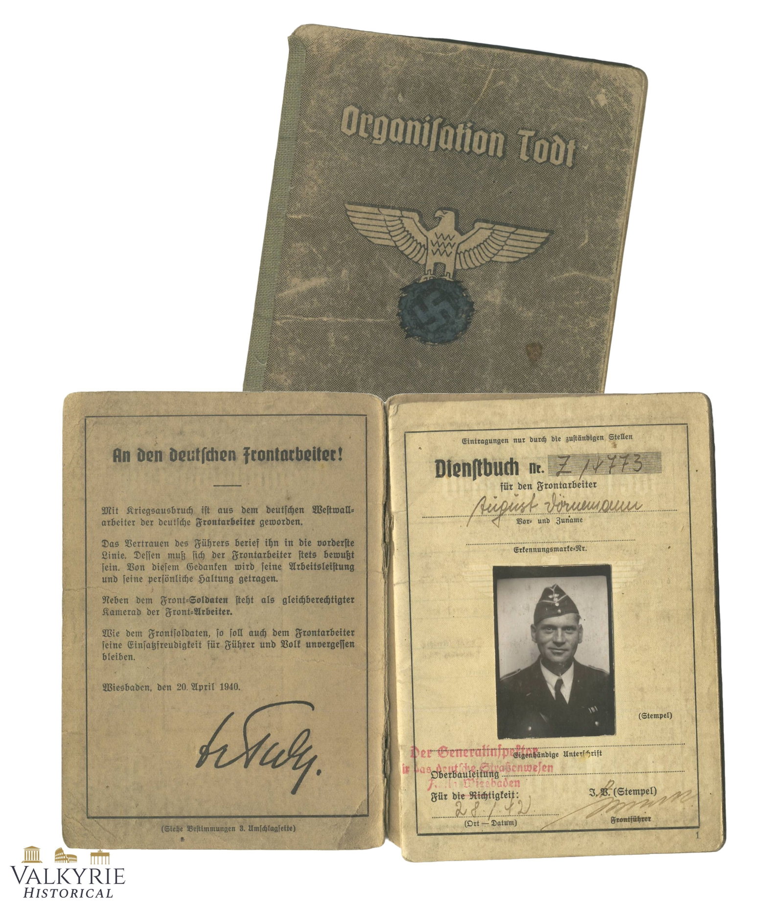 Nazi Organisation TODT Member Service Book: Organisation Todt member service book. With phot of the OT member in his OT uniform. This book is complete with few entries and it's used condition. Sadly book cover is De-nazified crossing out the sw