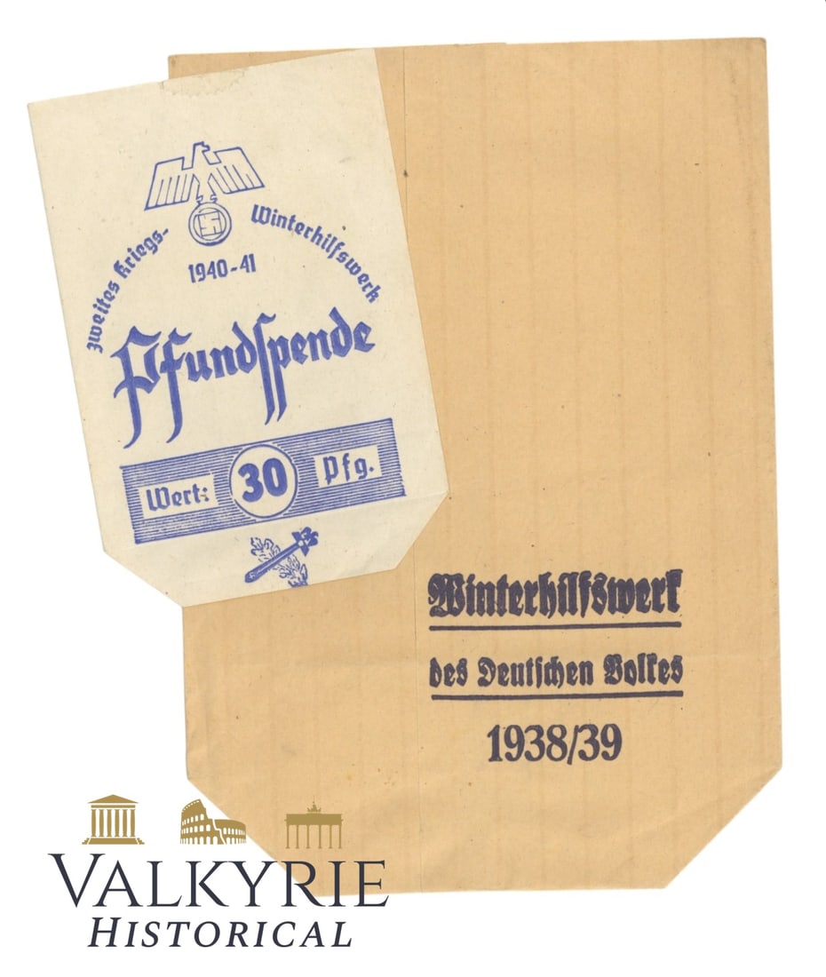 2 Examples of WHW Pfundspende or Pound Donation Pouches of 1938/39 and 1940/41 Years: 2 Examples of WHW Pfundspende or Pound Donation Pouches of 1938/39 and 1940/41 Years. The pound donation , more rarely also called the pound collection , was a natural donation of non-perishable foods