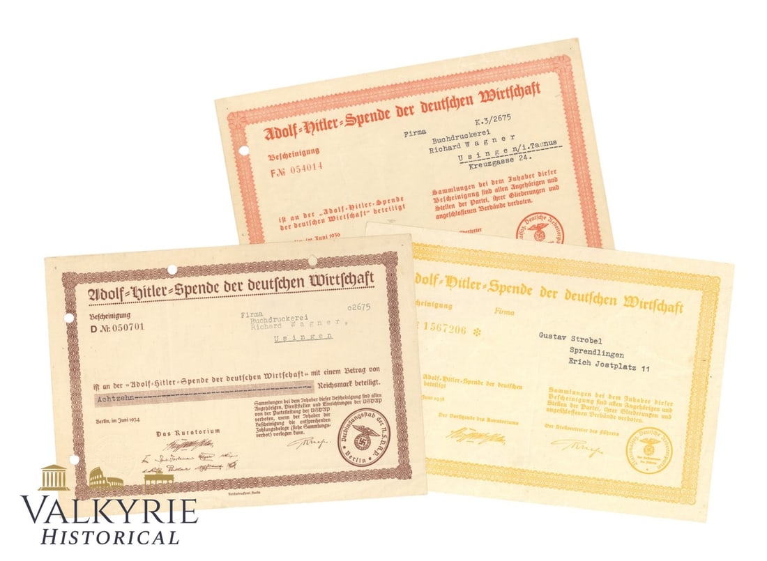 Set of 3 Donation Certificates of the Adolf Hitler Fund of German Trade and Industry: Set of 3 Donation Certificates of the Adolf Hitler Fund of German Trade and Industry. Size: 21x15cm. Shipping flat cost $25 it doesn't matter how many items you win. you pay just $25 for shipping.