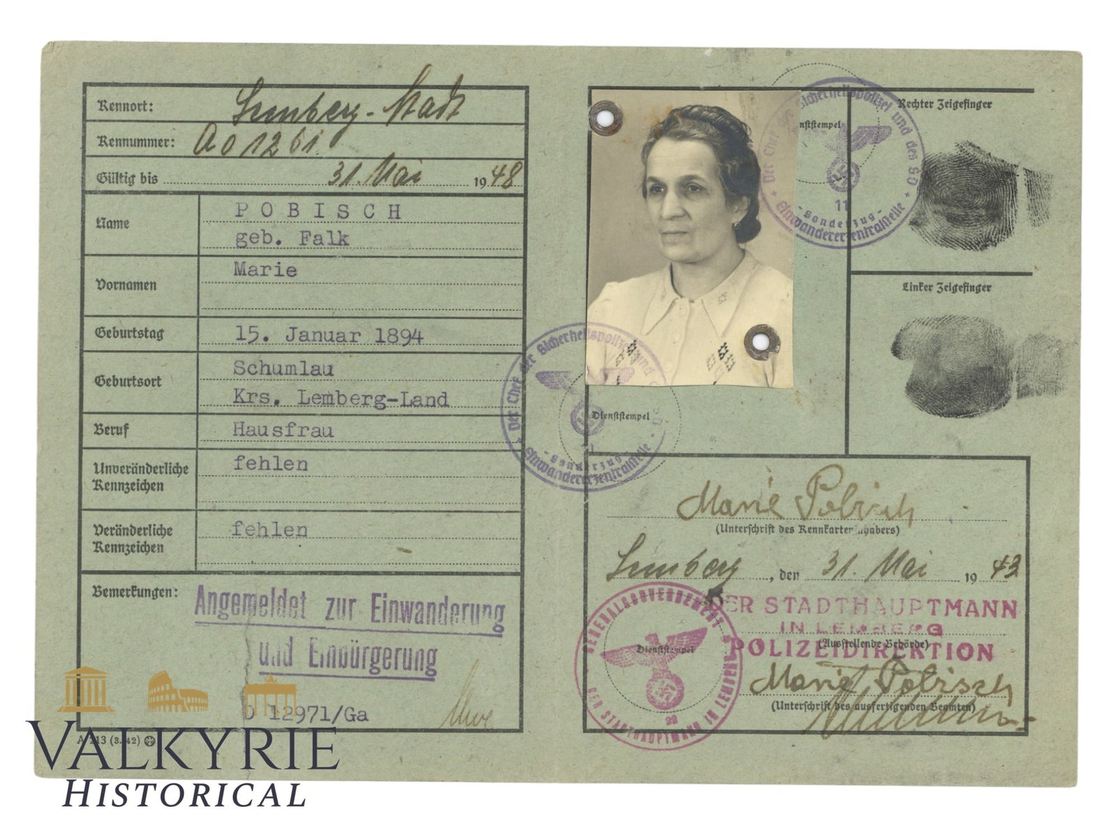 Temporary Kennkarte Issued to a Polish Woman From Lemberg Probably Etnic German 1943 (1 of 2)