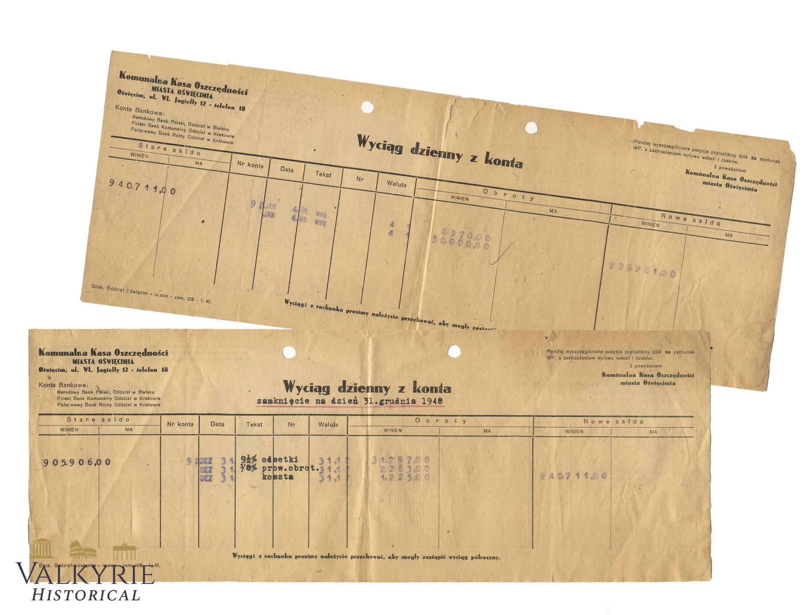 3 Reich - Municipal Savings Bank in Auschwitz - 1940 !: 2 rare savings account receipts from German municipal savings bank in the city of Auschwitz - 1940. One side written in Polish and with information about the bank operation done and in really good con