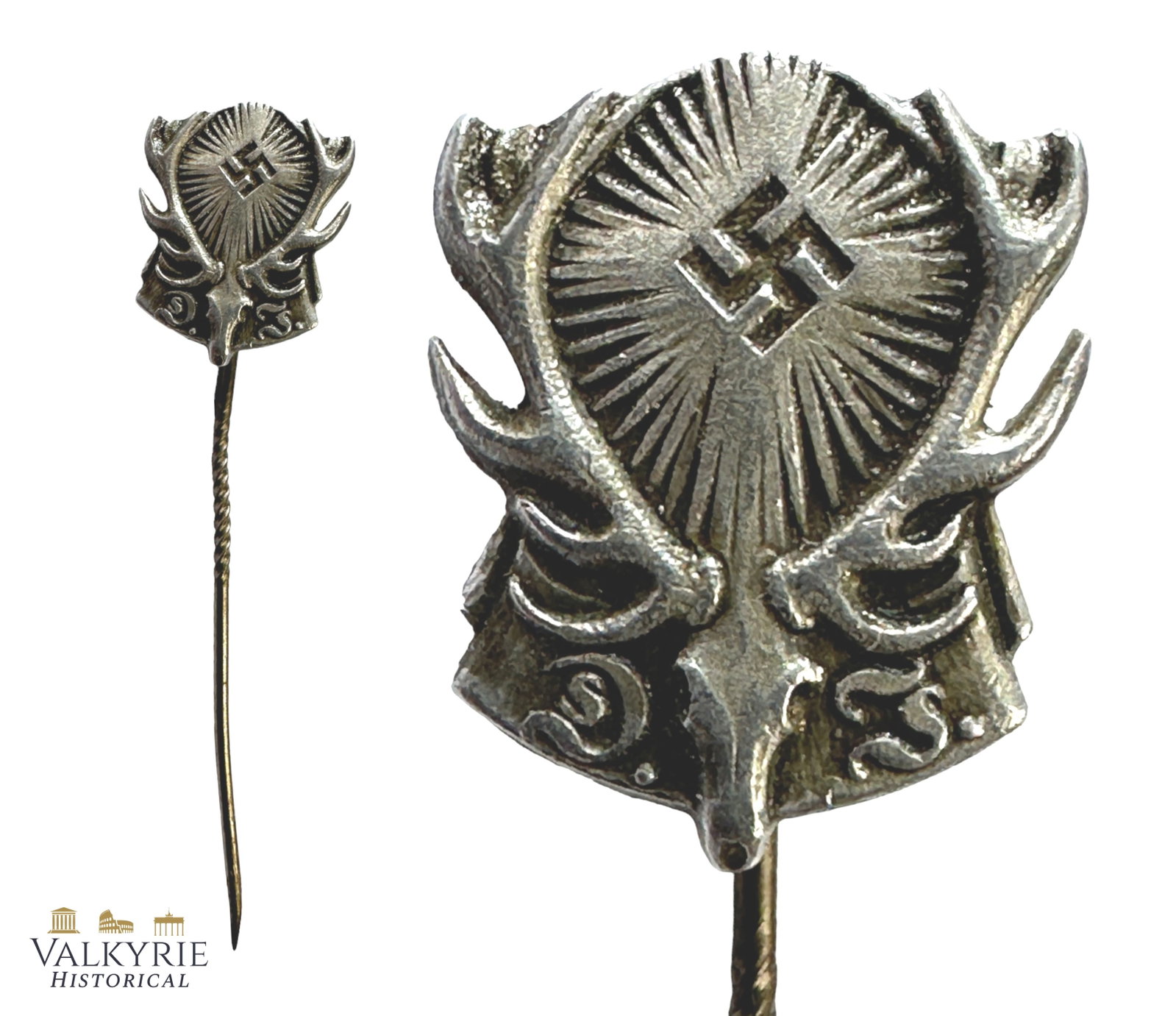 Lapel Pin of the III Reich German Hunting Society "Deutsche Jagerschaft": Lapel Pin of the III Reich German Hunting Society "Deutsche Jagerschaft". Emblem of the society marked on the reverse "ges. gesch.". Shipping flat cost $25 it doesn't matter how many items you win. yo