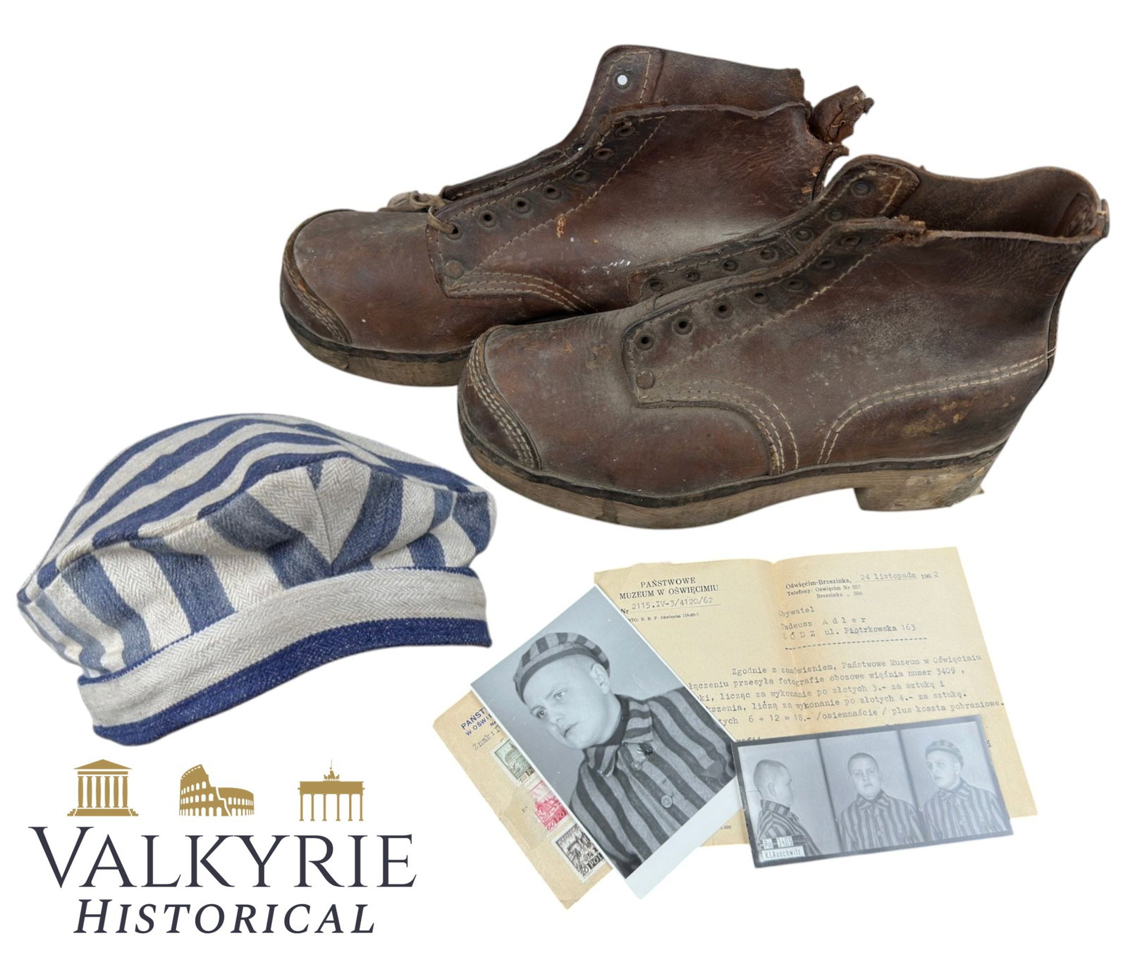 Rare Set That Belonged to a Former Polish Prisoner in KL Auschwitz - Cap, Shoes, Photos and Letter: Rare Set That Belonged to a Former Polish Prisoner in KL Auschwitz - Cap, Shoes, Photos and Letter. This set, got straight from the relatives, consists of: KL Auschwitz prisoner number 3409 camp used 
