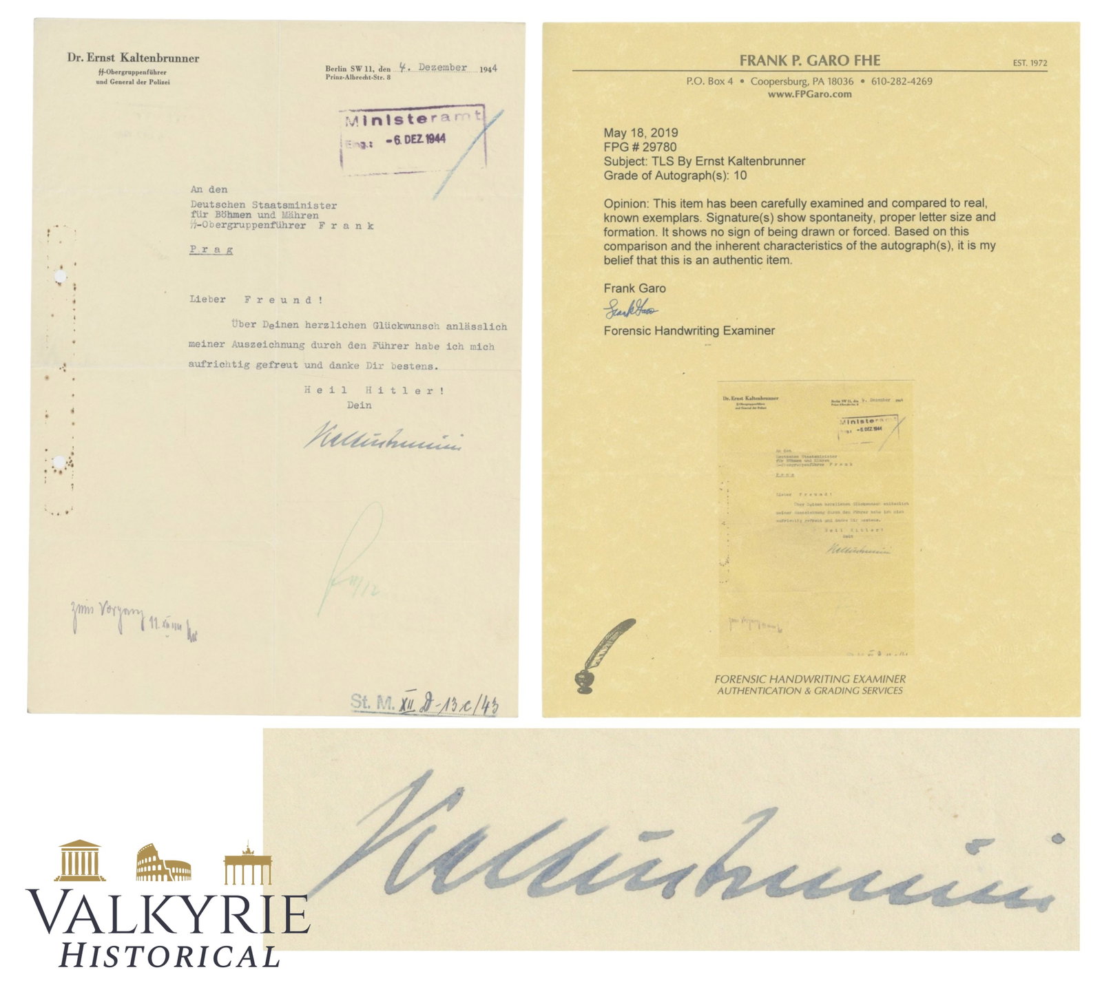 Signed Ernst Kaltenbrunner Letter (initialled by Karl Frank): Signed Ernst Kaltenbrunner Letter (initialled by Karl Frank) Ernst Kaltenbrunner (4 October 1903 – 16 October 1946): Highest-ranking SS leader to be tried at Nuremberg. Chief of RSHA 1943–45, the 