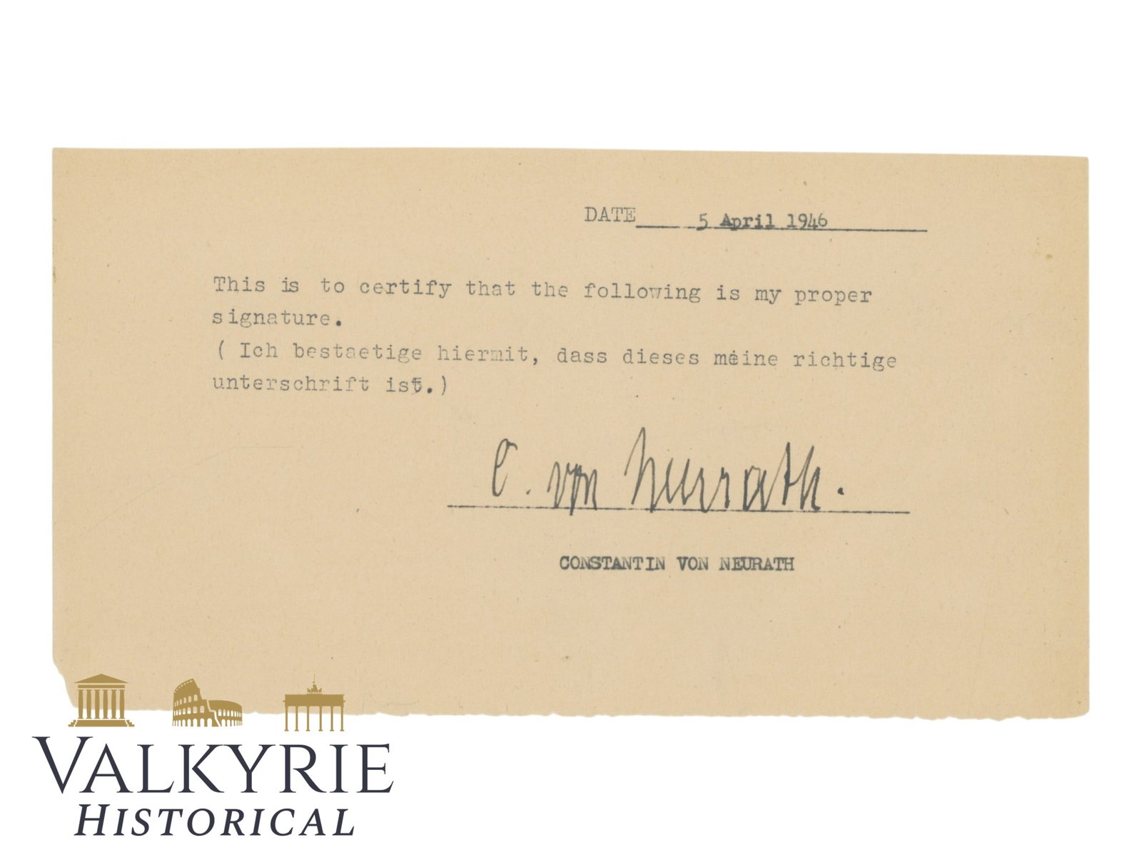 Konstantin Von Neurath Signature Attestation (1 of 3)