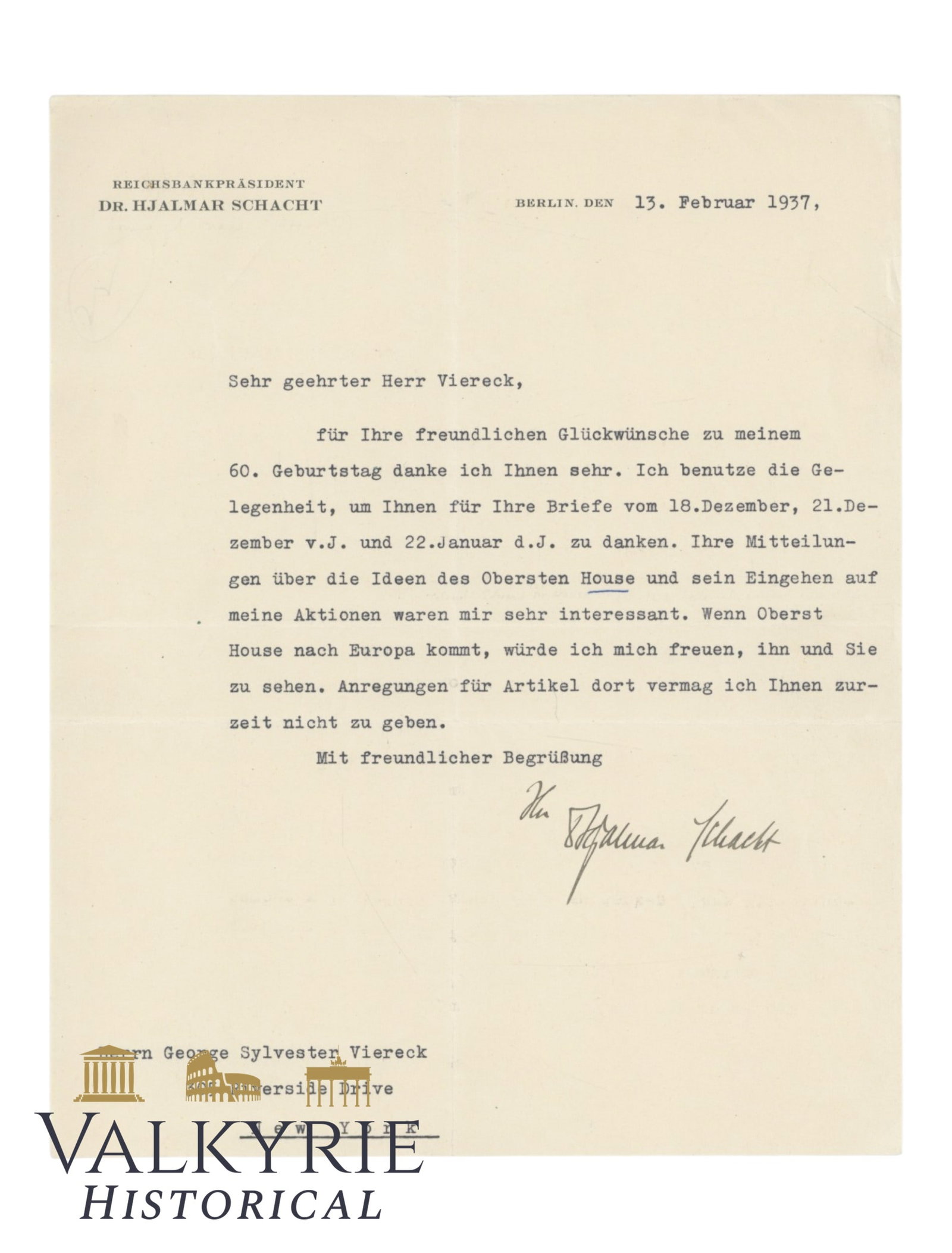 Signed Dr. Hjalmar Schacht Letter (1 of 3)