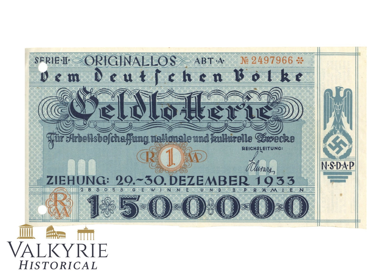 III Reich Period German Lottery 1 RM Participation Note for the Work Supply 1933: III Reich Period German Lottery 1 RM Participation Note for the Work Supply 1933. Printed by the NSDAP. Shipping flat cost $25 it doesn't matter how many items you win. you pay just $25 for shipping.