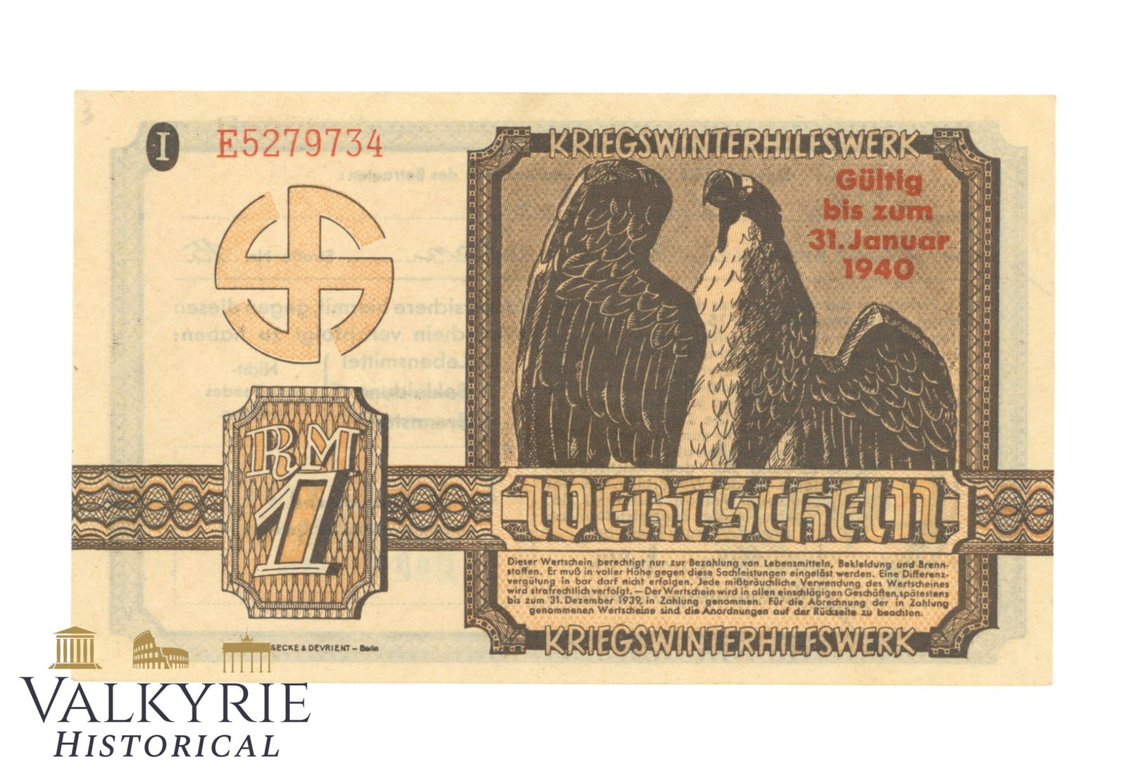 Coupon of 1 RM of the Winter-Hilfswerk Issued to a German Citizen Valid Until January 1940: Coupon of 1 RM of the Winter-Hilfswerk Issued to a German Citizen Valid Until January 1940. Named. Could be used to exchange for food, clothes or fuel. Shipping flat cost $25 it doesn't matter how man