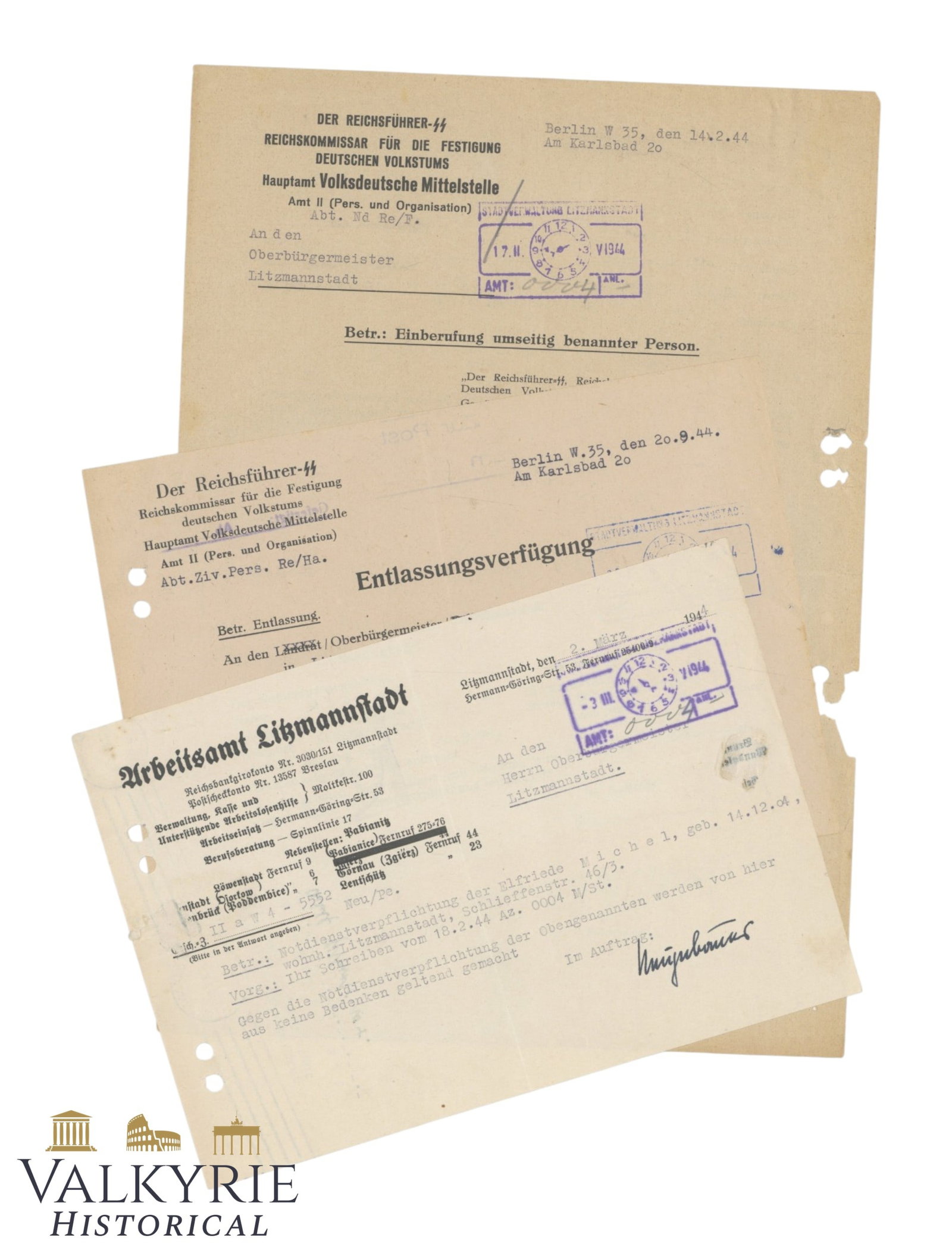 Litzmannstadt -Rare set of 3 SS documents issued to an ethnic German from Litzmannstadt in 1944 by t (1 of 7)