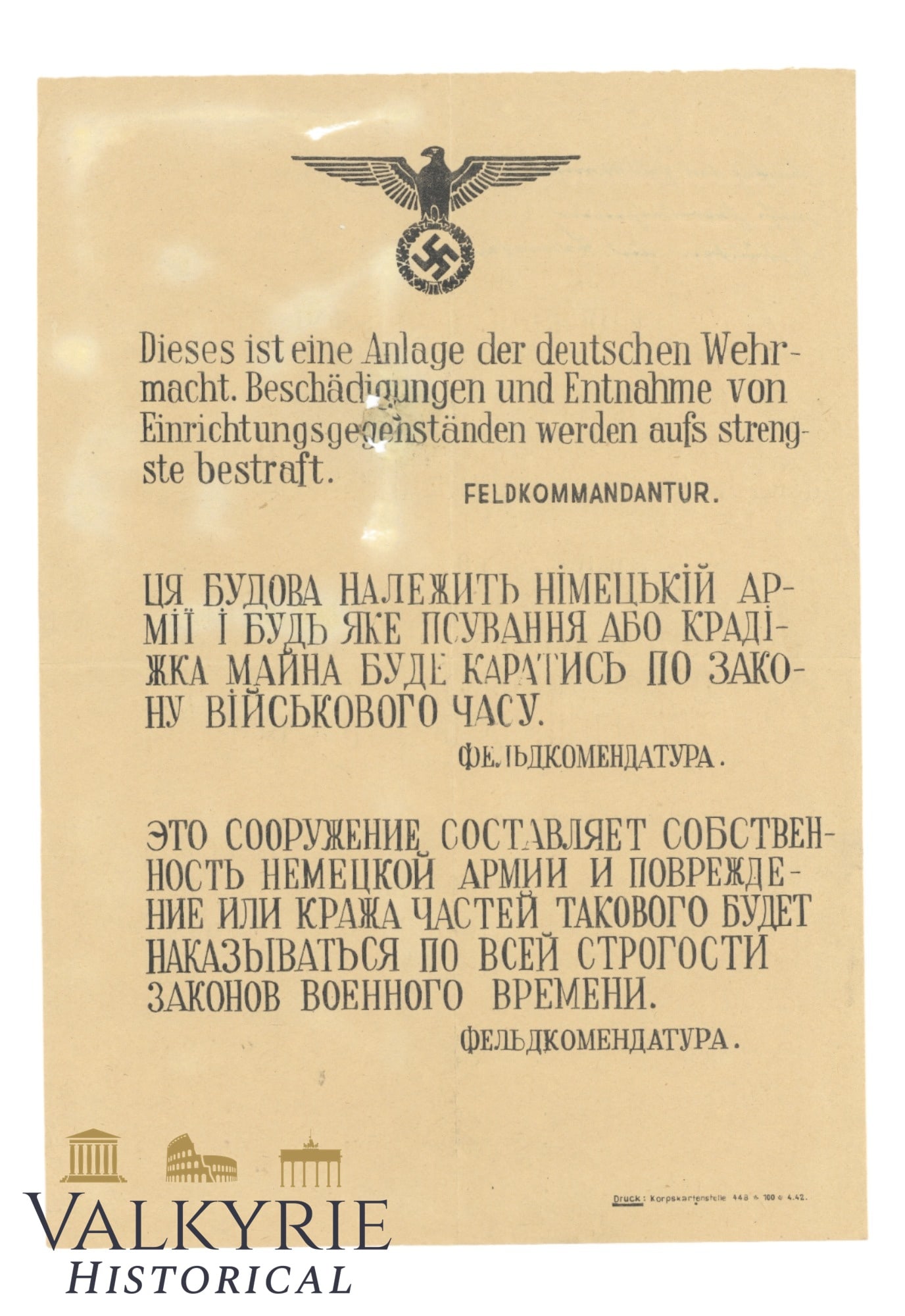 Rare Poster Informing in German-Russian-Ukrainian About Damaging Wehrmacht Facility and Punishment (1 of 2)