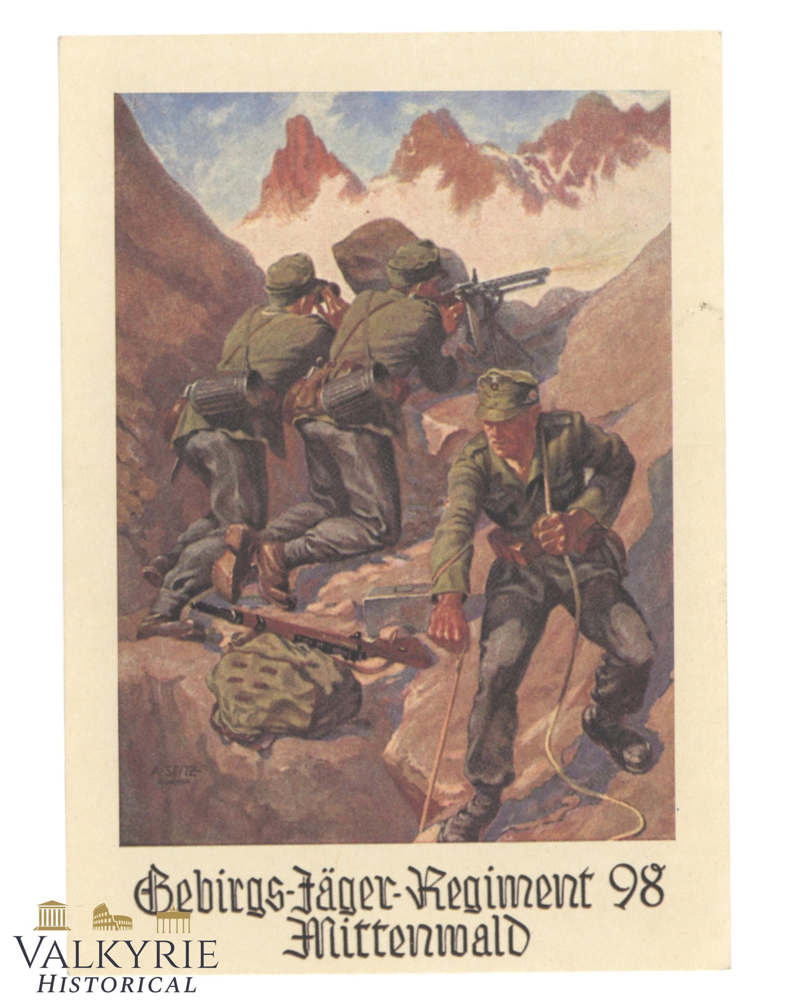 German Propaganda Postcard of the Wehrmacht Mountain Troops Regiment 98 Mittenwald: German Propaganda Postcard of the Wehrmacht Mountain Troops Regiment 98 Mittenwald. Non-circulated. Shipping flat cost $25 it doesn't matter how many items you win. you pay just $25 for shipping.