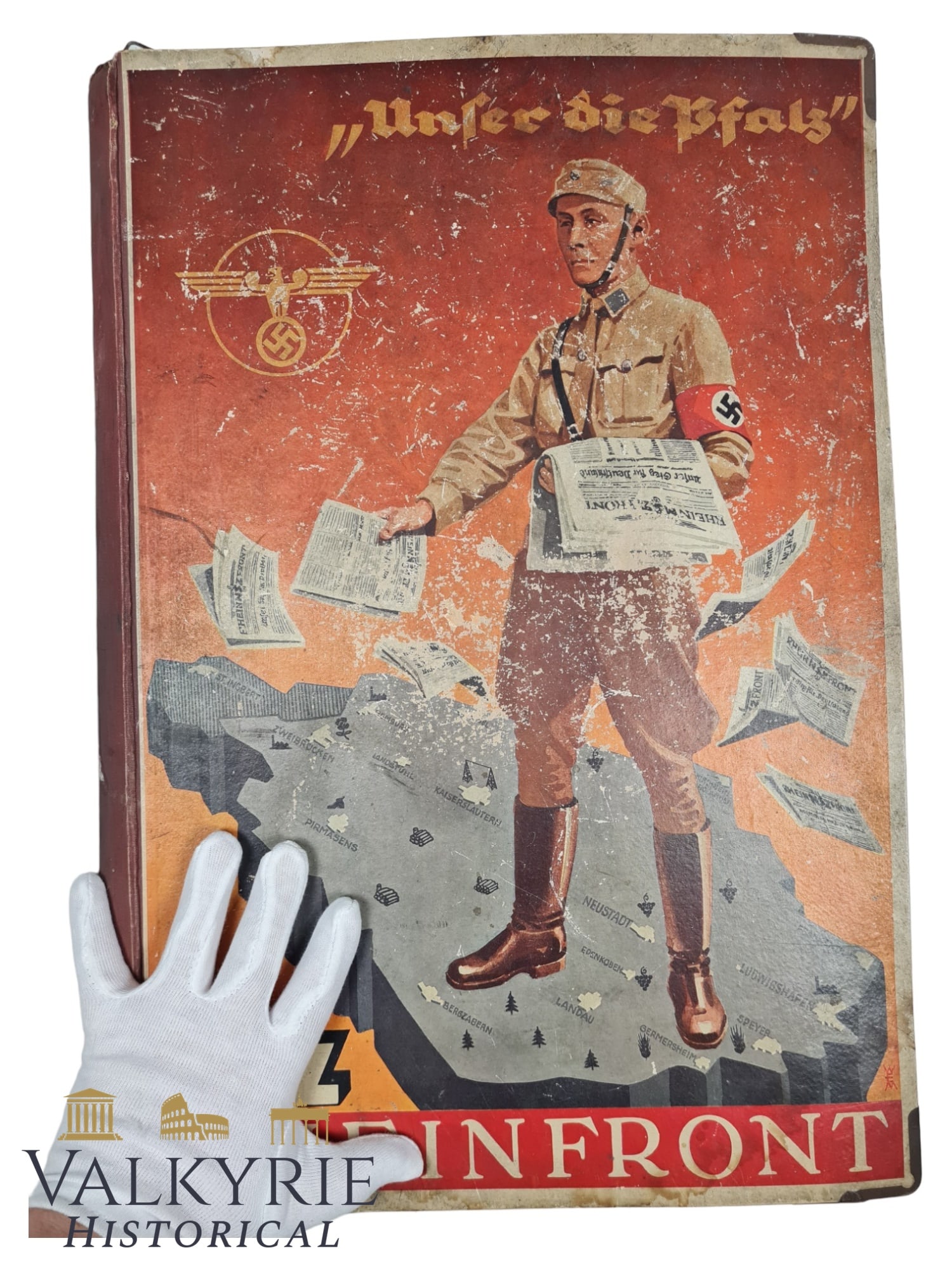 III Reich Period Advertisement Sheets With Nazi NSZ Rhein Front Newspaper Ad Cover: III Reich Period Advertisement Sheets With Nazi NSZ Rheinfront Newspaper Ad Cover. Ad pages are laminated and cover is of very thick cardboard and metal. All the advertisements are from the