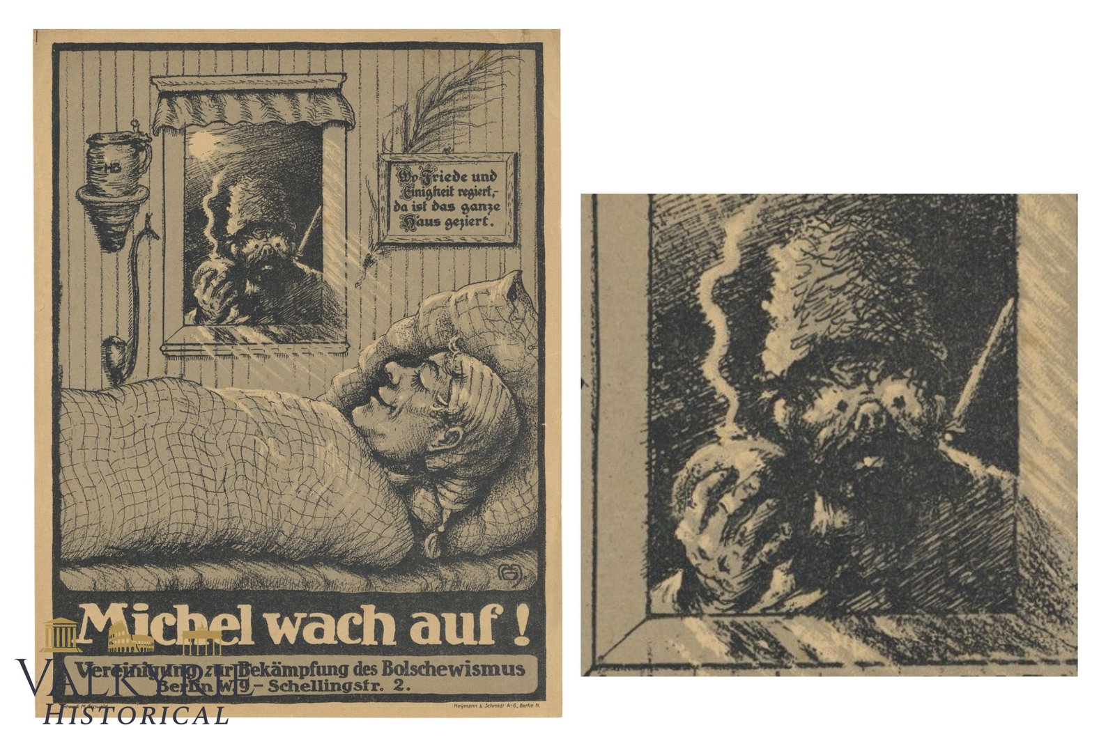 German Anti-communist Poster Entitled "Michel Wake Up!": German Anti-communist Poster Entitled "Michel Wake Up!". Published by a German Anti-Bolshevist Association.30x23cm . Very rare , Shipping flat cost $25 it doesn't matter how many items you win. you pa
