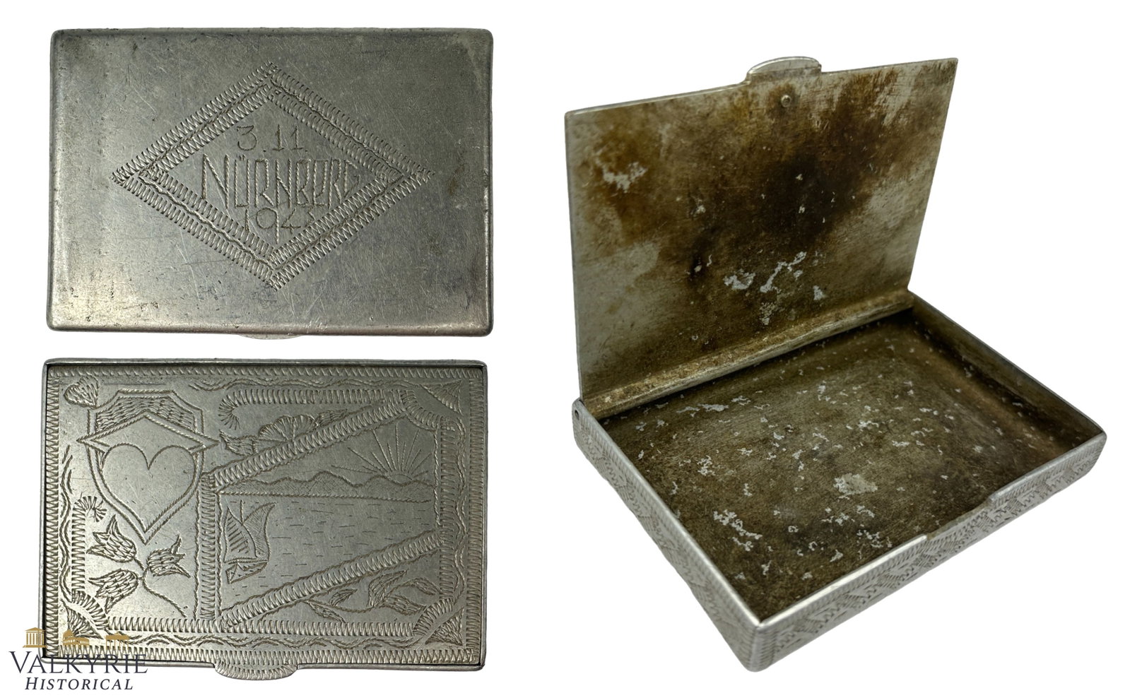 Rare Hand-engraved Metal Cigarette Box With Legend "Nuremberg 1943": Rare Hand-engraved Metal Cigarette Box With Legend "Nuremberg 1943". Made by some soldier or civilian. Decorated with floral and heart motifs. On this day : NOVEMBER 3, 1943 In his last strategic dire