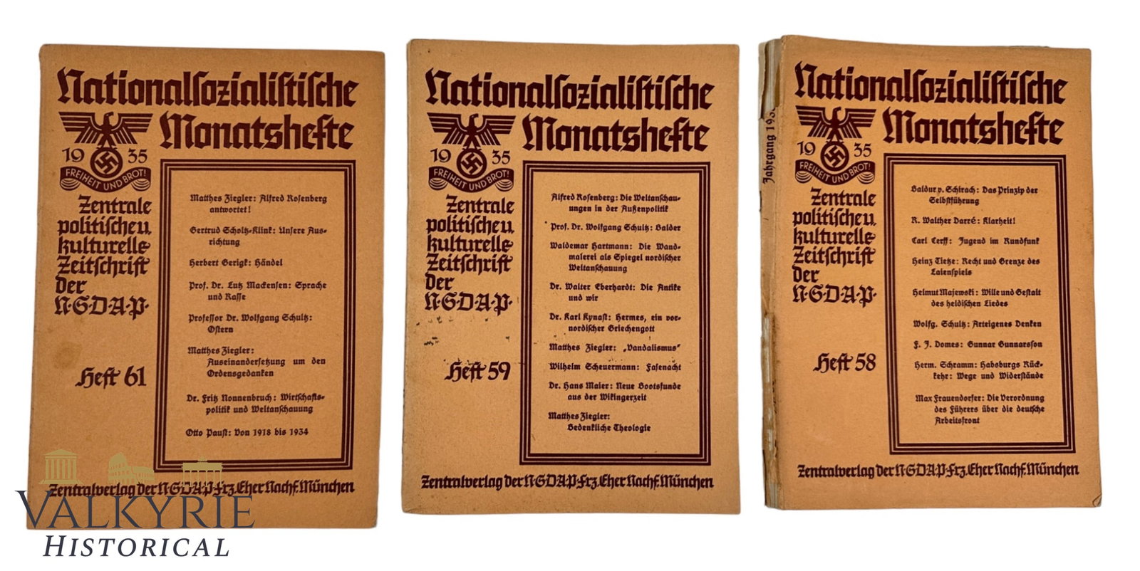 3 Numbers of the NSDAP Published Magazine "National Socialist Monthly Notebook" 1935: 3 Numbers of the NSDAP Published Magazine "National Socialist Monthly Notebook" 1935. Central political and cultural magazine of the NSDAP. Numbers 58, 59 and 61. Shipping flat cost $25 it doesn't
