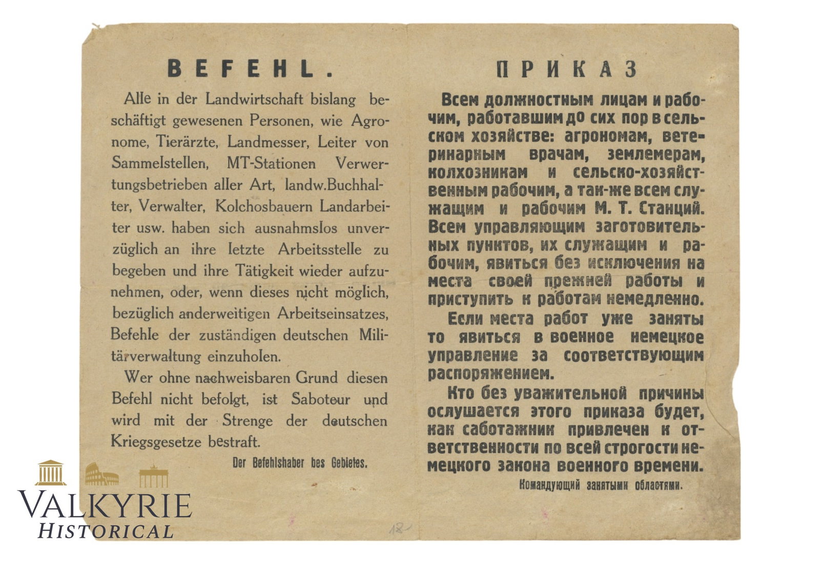 Poster With "Command" From German Commander For Russian Farmers Regarding Following Orders (1 of 2)