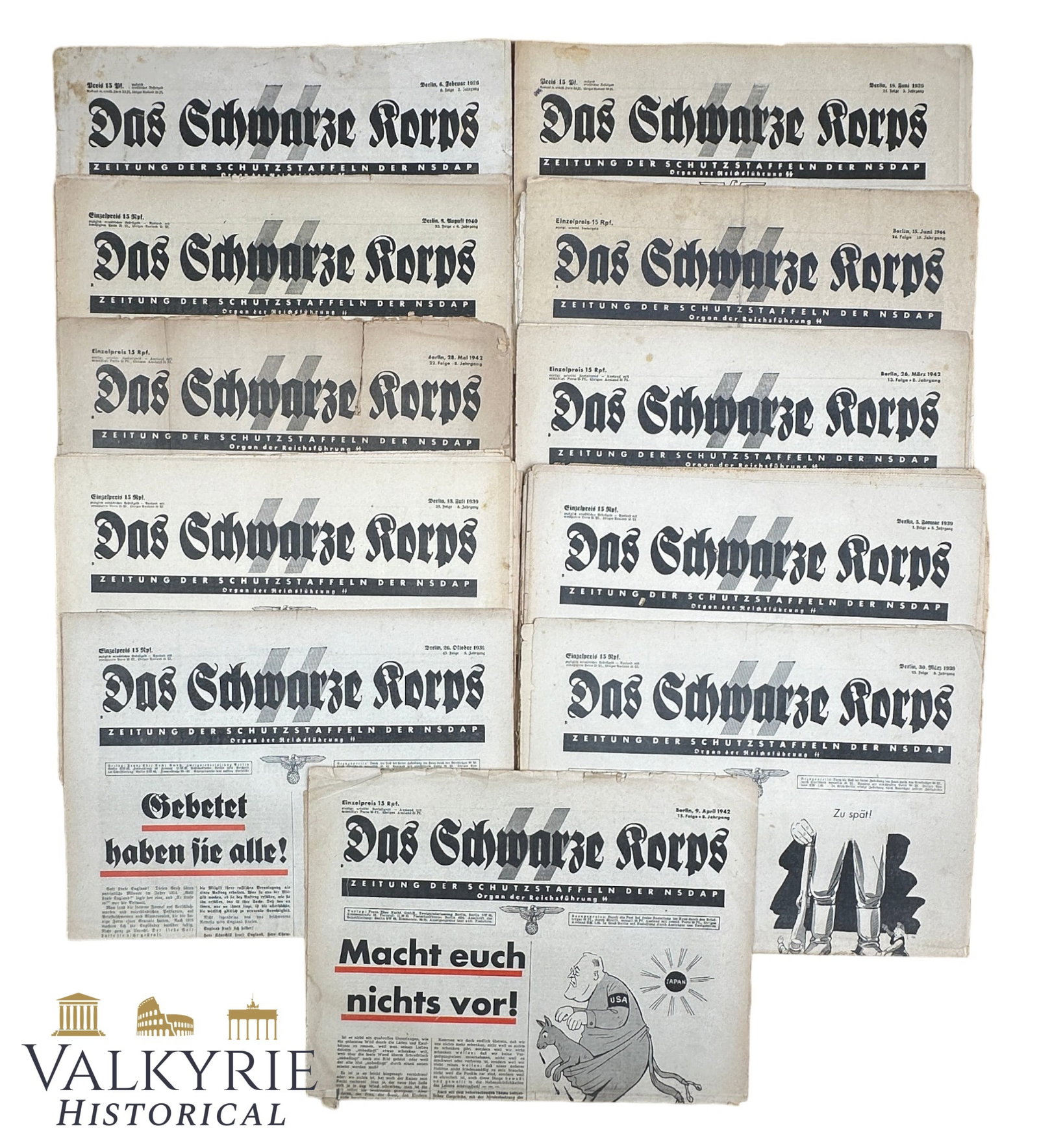 SS Set of 11 Numbers of the Official SS Organ "Das Schwarze Korps" 1930s and 1940s: "Das Schwarze Korps" Historical Newspaper Collection1. Item Overview & Specifications Artifact Type: Collection of original historical issues of Das Schwarze Korps, the official weekly newspaper of