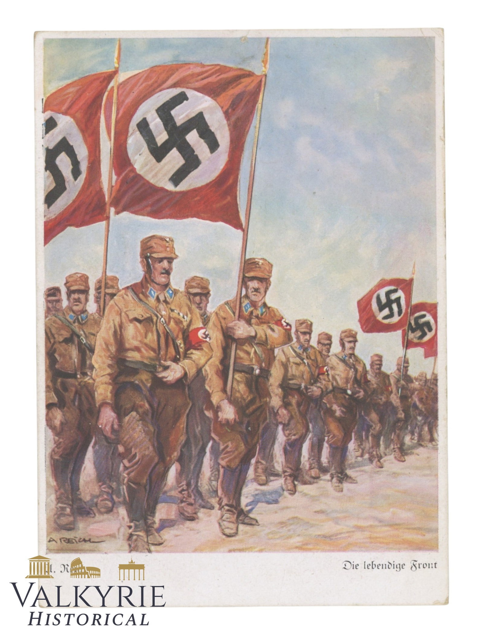 German SA Propaganda Postcard "The Living Front": German SA Propaganda Postcard "The Living Front". Artwork with SA Men marching with NSDAP party flags. Circulated. All items for this auction will be shipping from Europe. Shipping cost $25 it doesn't
