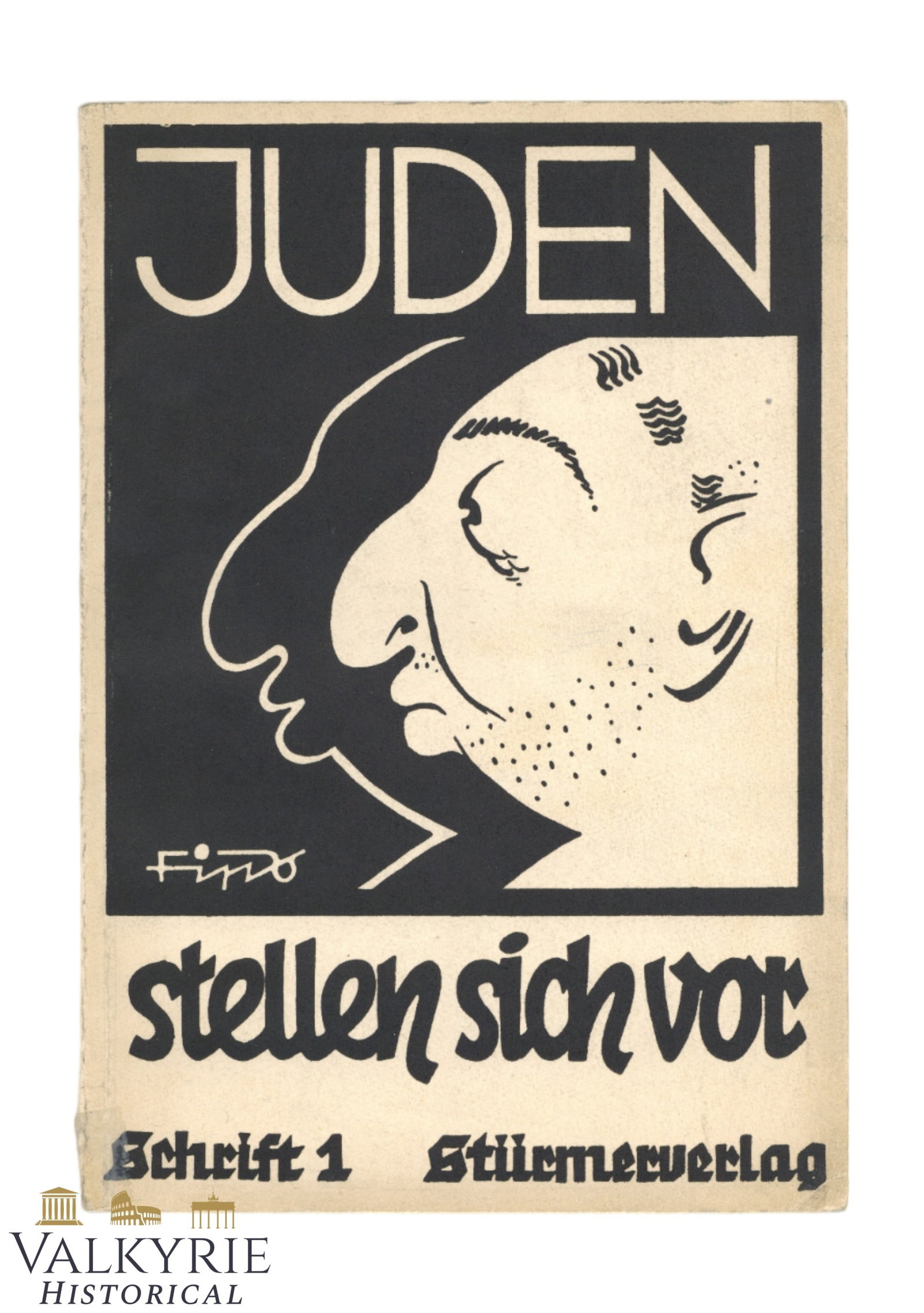German Anti-Semitic Booklet Published by "Der Sturmer Verlag" "Jews Introduce Themselves" 1934: German Anti-Semitic Booklet Published by "Der Sturmer Verlag" "Jews Introduce Themselves" 1934. Soft cover. With caricatures of Jews drawn by the "Der Sturmer" cartoonist Fips. 24 pages. Very rare !