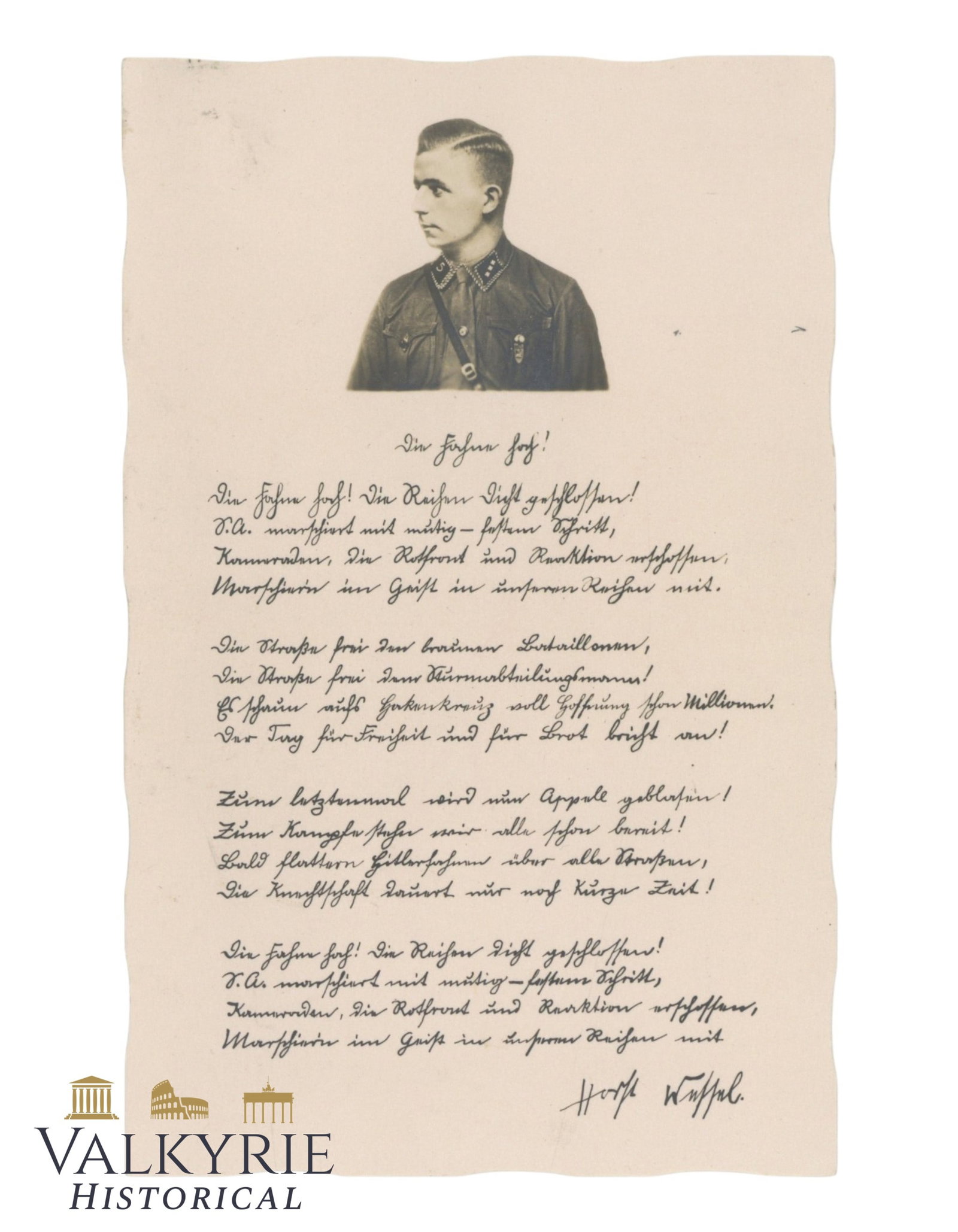 German Commemorative Postcard of the "Horst Wessel Lied" Anthem of the NSDAP - Non-circulated: German Commemorative Postcard of the "Horst Wessel Lied" Anthem of the NSDAP - Non-circulated. All items for this auction will be shipping from Europe. Shipping cost $25 it doesn't matter how many ite
