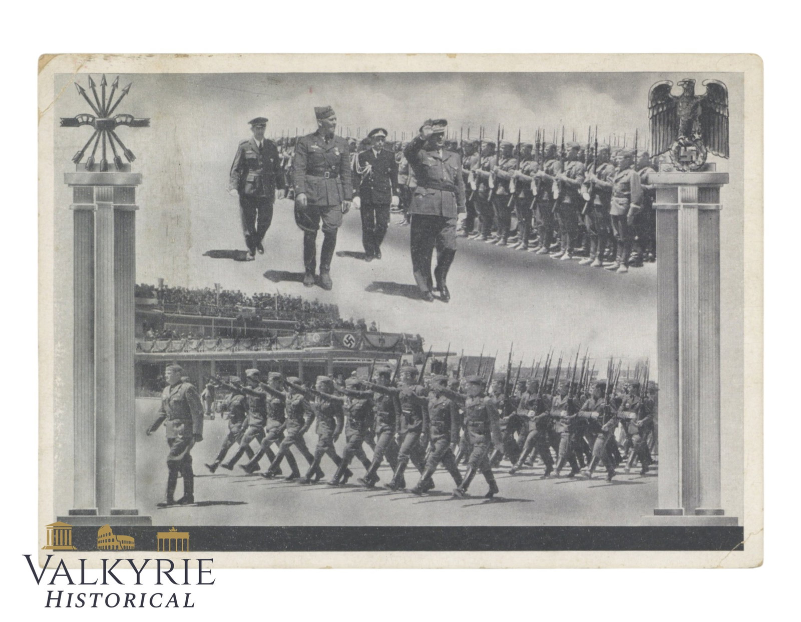 German Commemorative Postcard of the Return of the Legion Condor After Spanish Civil War: German Commemorative Postcard of the Return of the Legion Condor After Spanish Civil War. With special ink stamps on the reverse. It depicts the farewell in Madrid with Francisco Franco and commander 
