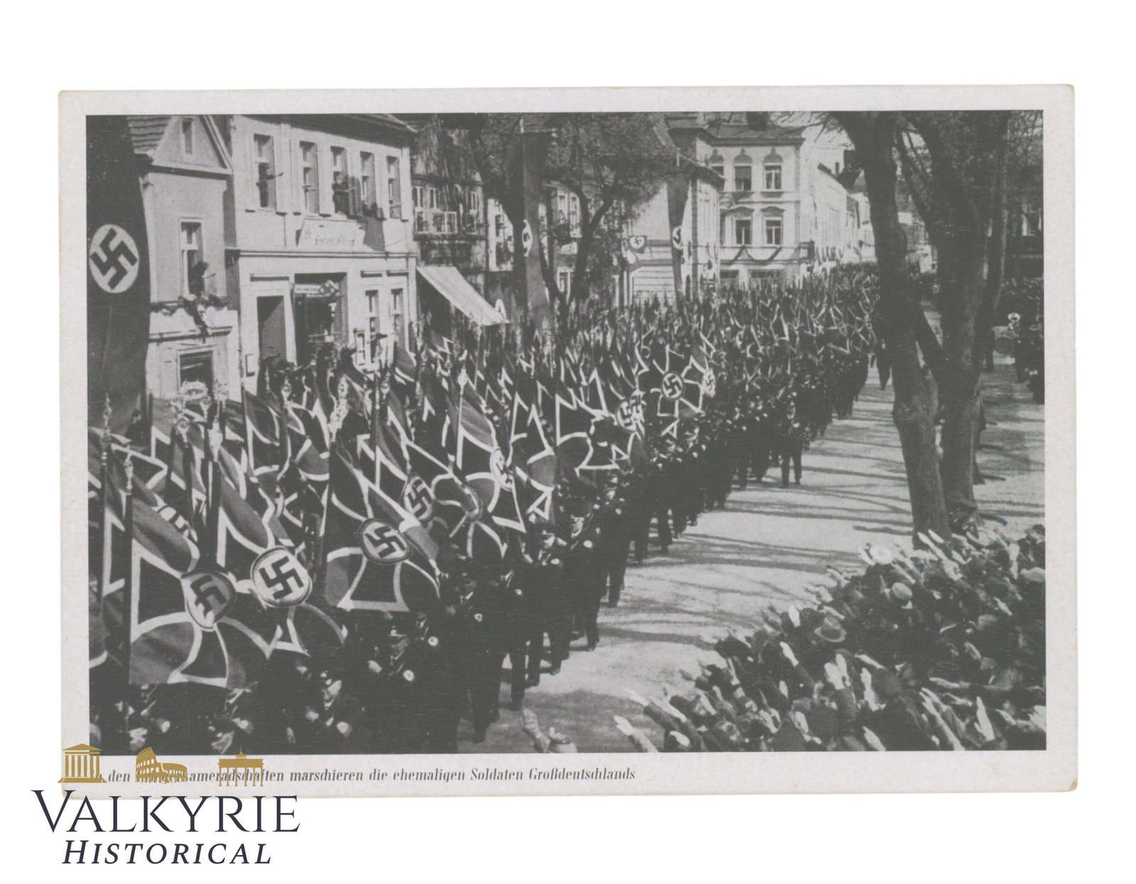 German Nazi Propaganda Postcard of the War Veterans' Association NS-Reichskriegerbund: German Nazi Propaganda Postcard of the War Veterans' Association NS-Reichskriegerbund showing a parade of this association with many flags. Non-circulated. All items for this auction will be shipping 