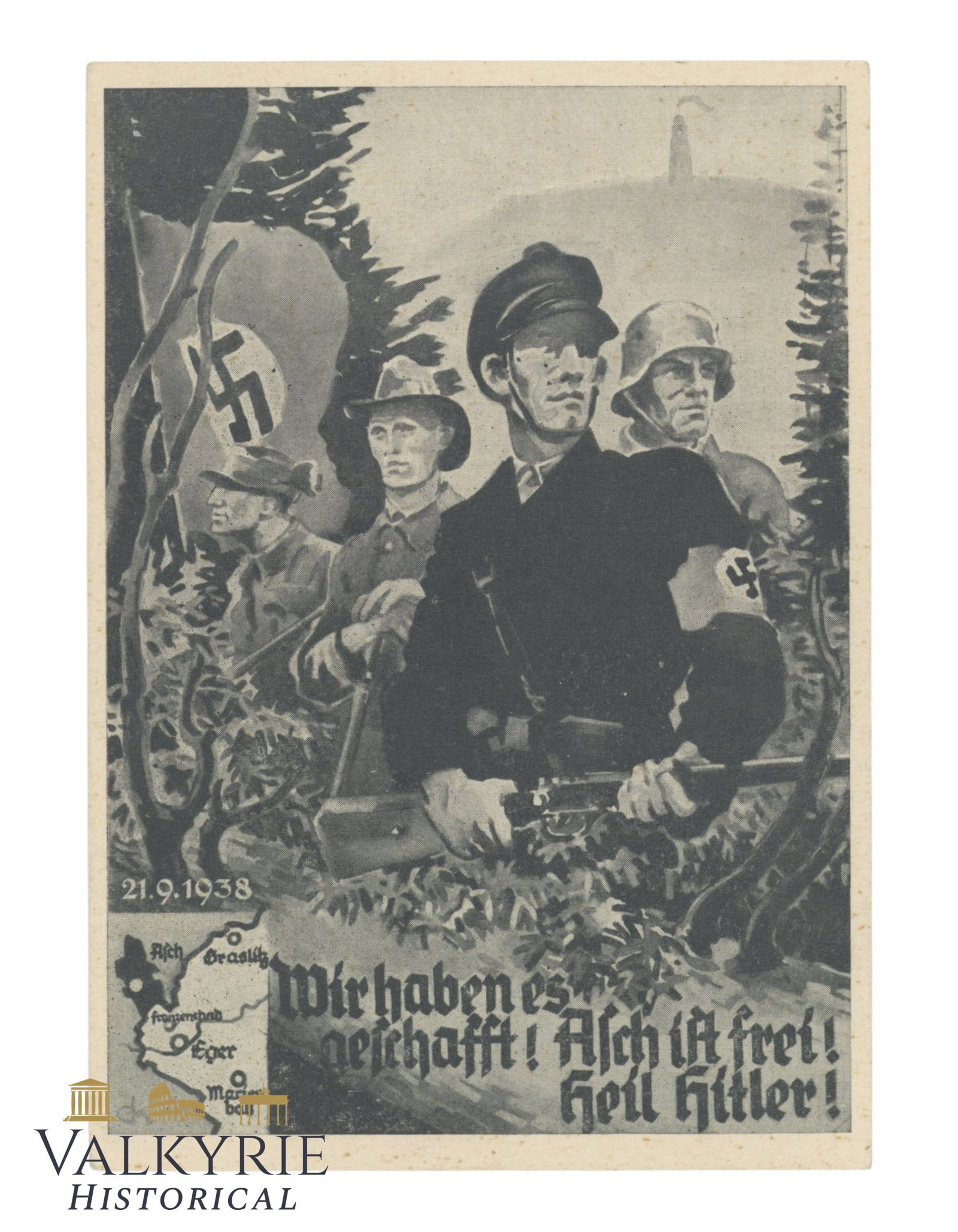German Commemorative Postcard of the "Liberation" of Czech City of As (Asch in German): German Commemorative Postcard of the "Liberation" of Czech City of As (Asch in German). "We have done it! Asch is free! Heil Hitler!". Non-circulated. All items for this auction will be shipping from 