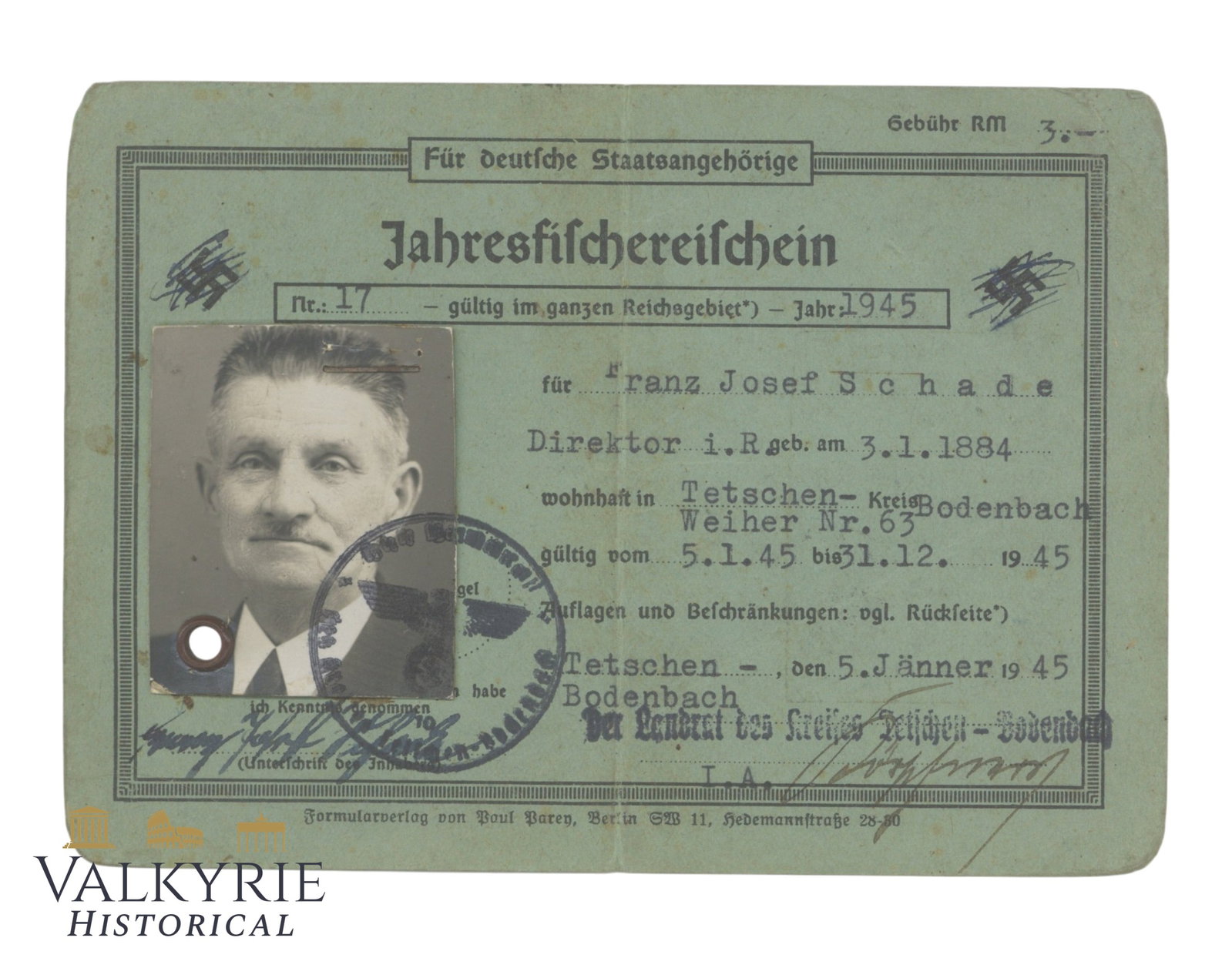 German Annual Fishing License Card Issued to a Man in 1945 (1 of 2)