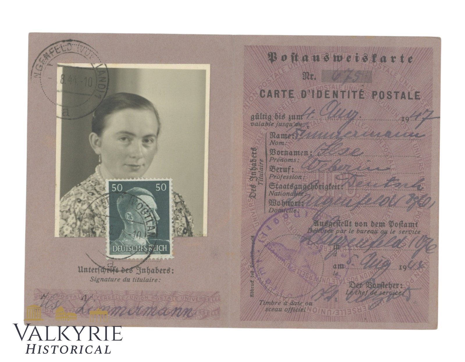 III Reich Period Postal Identity Card Issued to a German Woman in 1943: III Reich Period Postal Identity Card Issued to a German Woman in 1943. With photo of the woman. All items for this auction will be shipping from Europe. Shipping cost $25 it doesn't matter how many i
