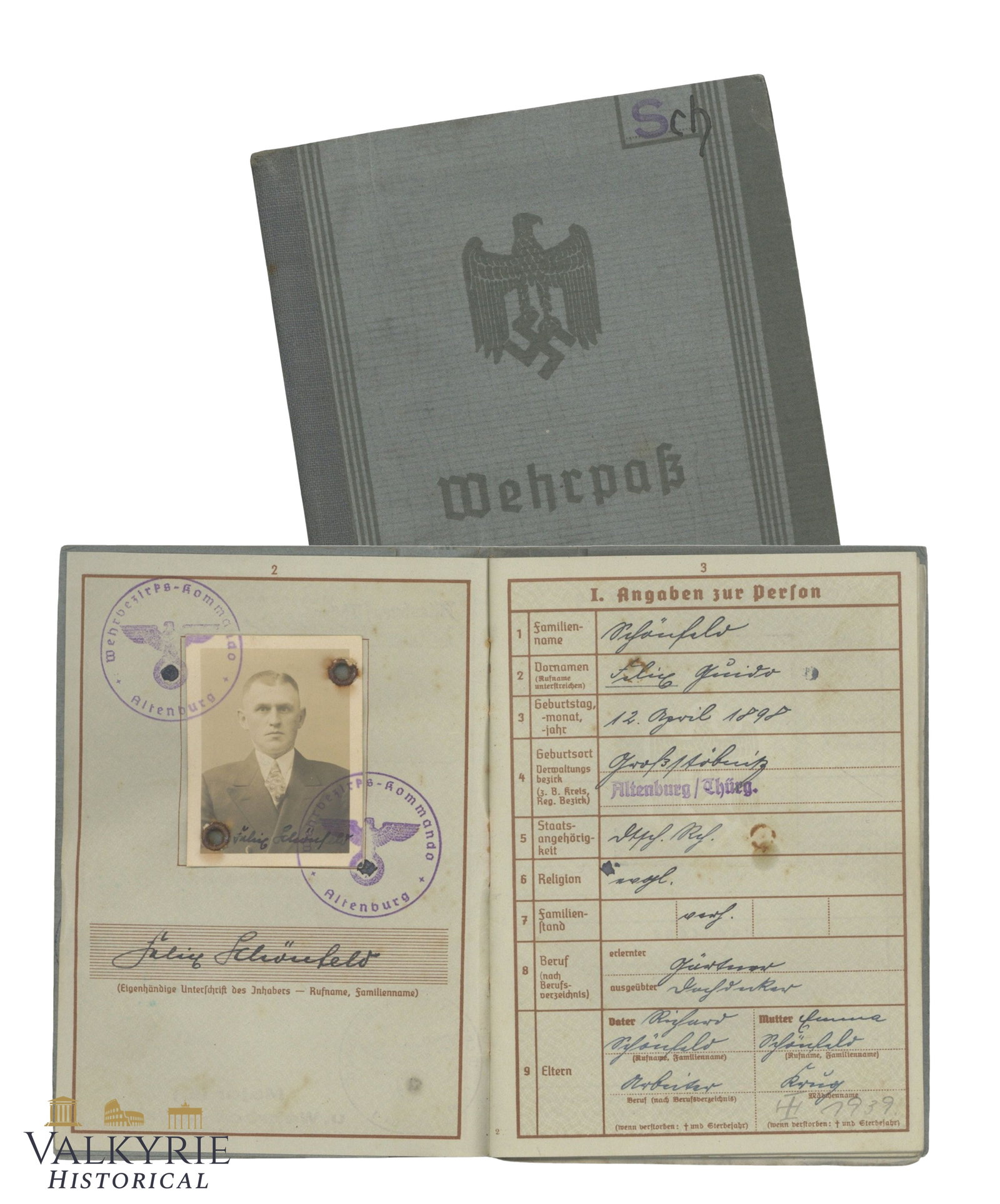Mint Condition Wehrpass Issued to an Elderly Man Member of the Wehrbezirks-Kommando Altenburg 1937: Mint Condition Wehrpass Issued to an Elderly Man Member of the Wehrbezirkskommando Altenburg 1937. He died in 1939. Few entries. All items for this auction will be shipping from Europe. Shipping cost 