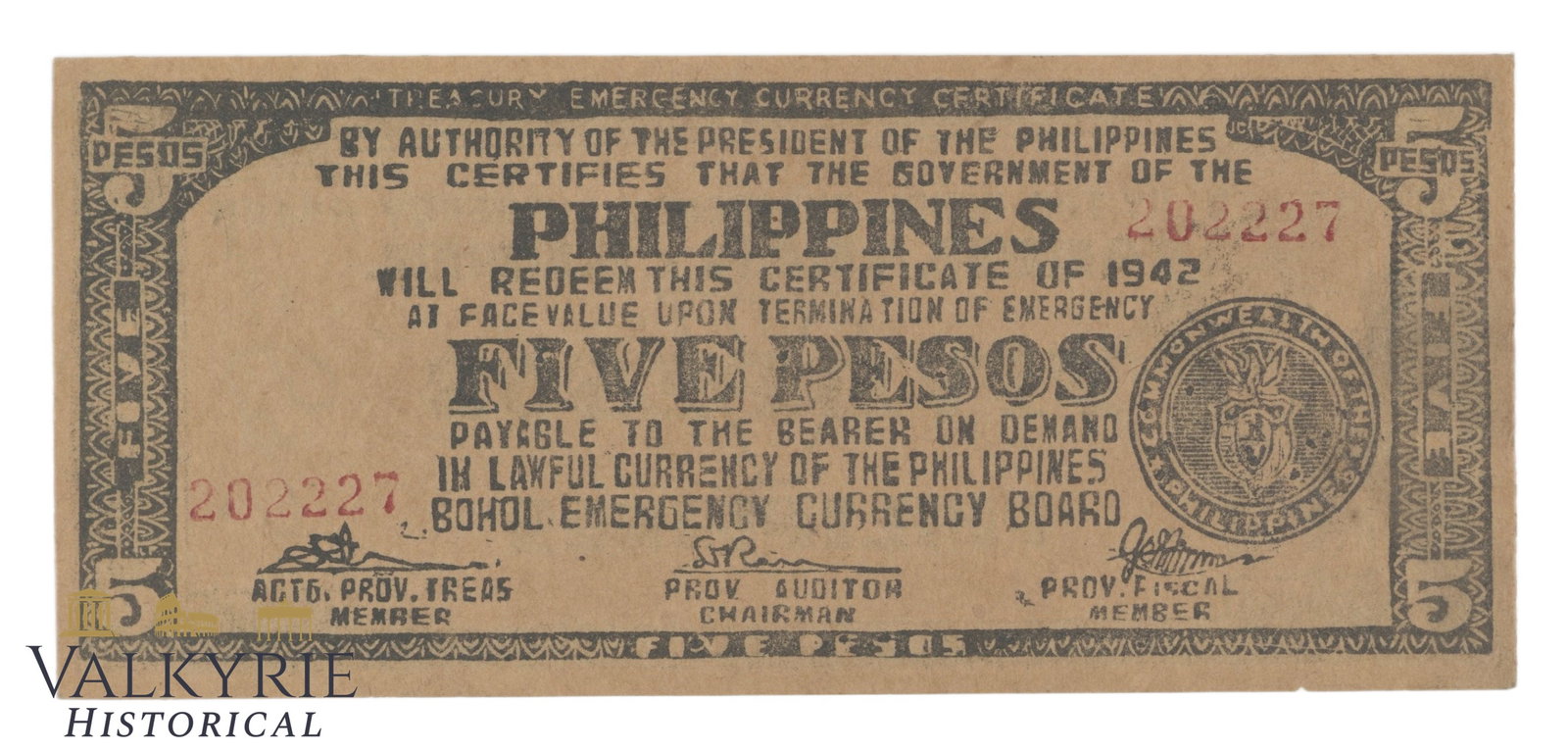 Philippines – Bohol, 5 Pesos, 1943, Pick S143b, AU,: Philippines – Bohol, 5 Pesos, 1943, Pick S143b, AU, Shipping flat cost $25 it doesn't matter how many items you win, you pay just $25 for shipping.