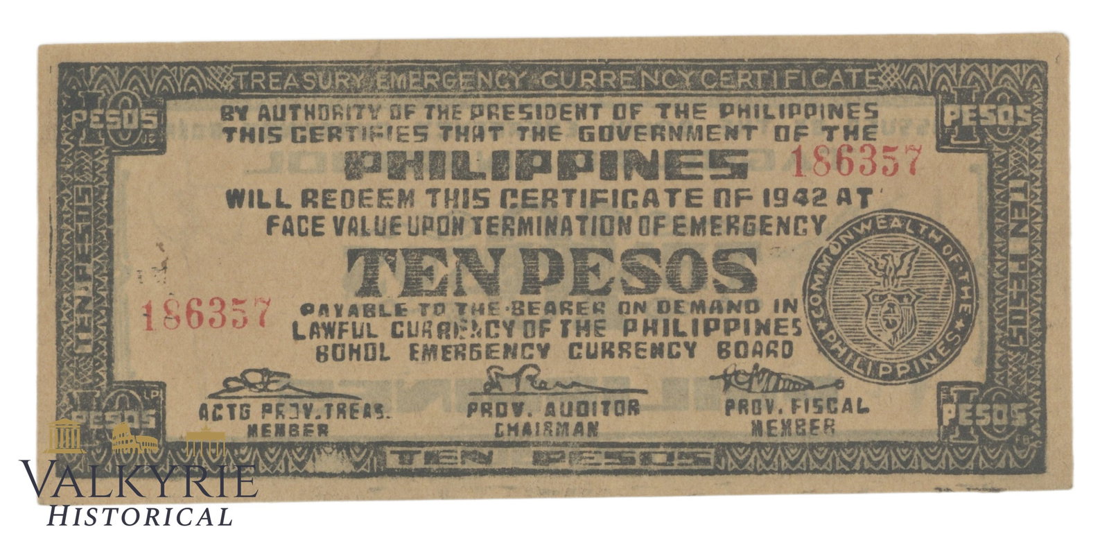 Philippines – Bohol, 10 Pesos, 1943, Pick S144a, AU, (1 of 2)