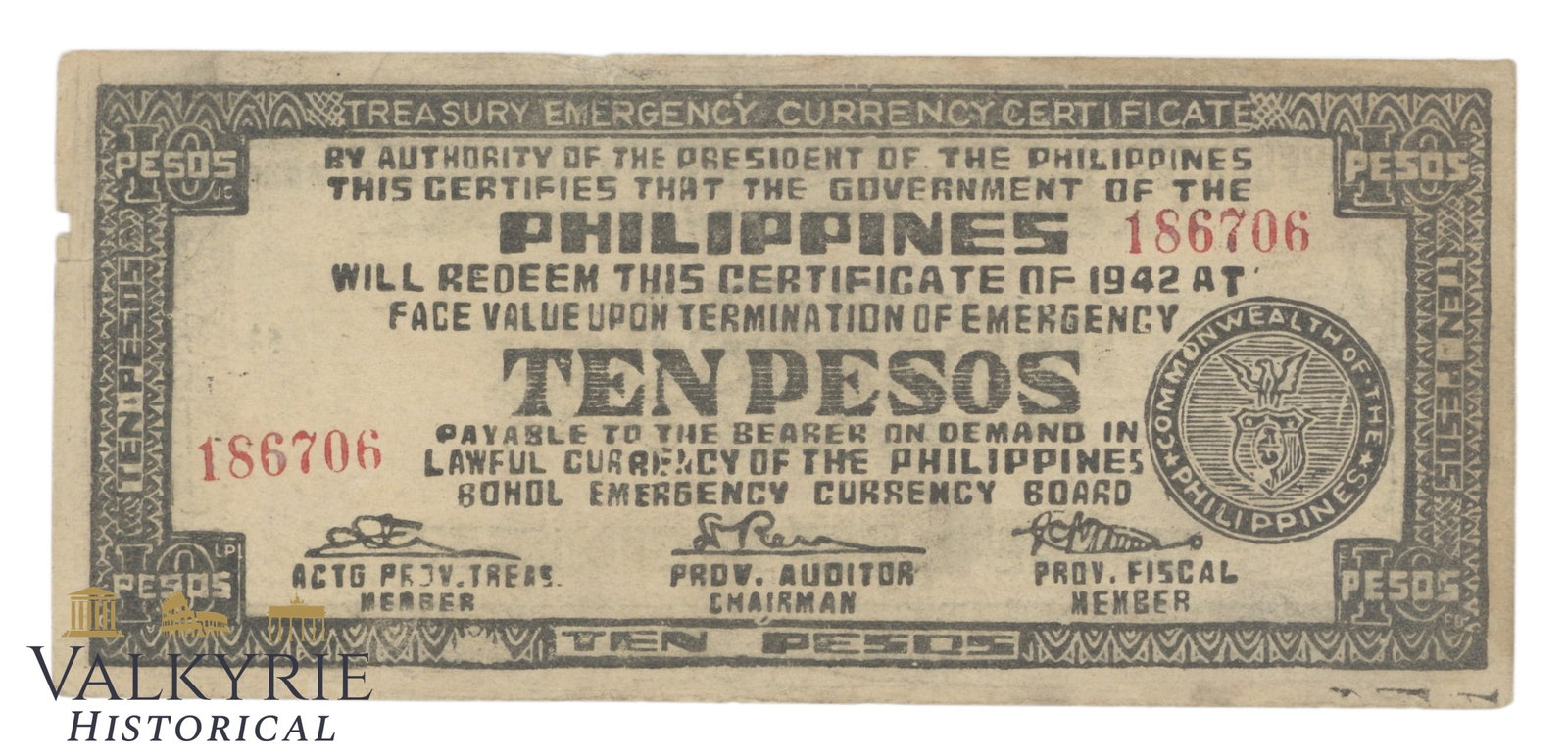 Philippines – Bohol, 10 Pesos, 1943, Pick S144b, XF/EF,: Philippines – Bohol, 10 Pesos, 1943, Pick S144b, XF/EF, Shipping flat cost $25 it doesn't matter how many items you win, you pay just $25 for shipping.