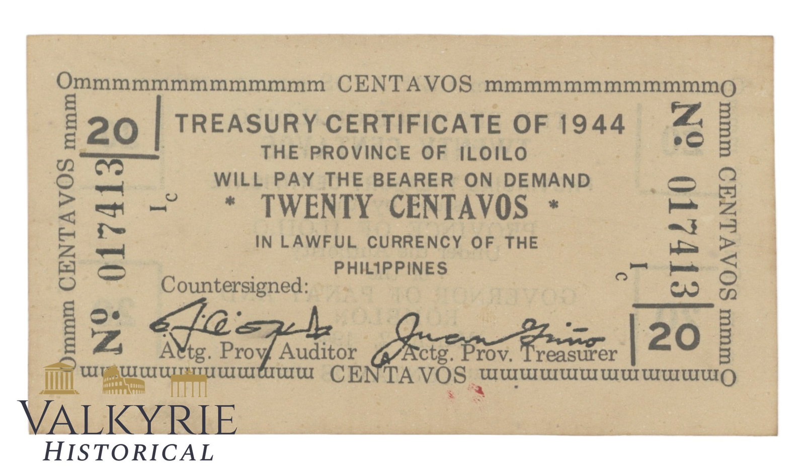 Philippines – Iloilo, 20 Centavos, 1944, Pick S332, AU-, (1 of 2)