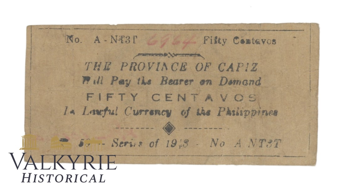 Philippines – Capiz, 50 centavos, 1943, Pick S201a, VG-,: Philippines – Capiz, 50 centavos, 1943, Pick S201a, VG-, Shipping flat cost $25 it doesn't matter how many items you win. you pay just $25 for shipping.