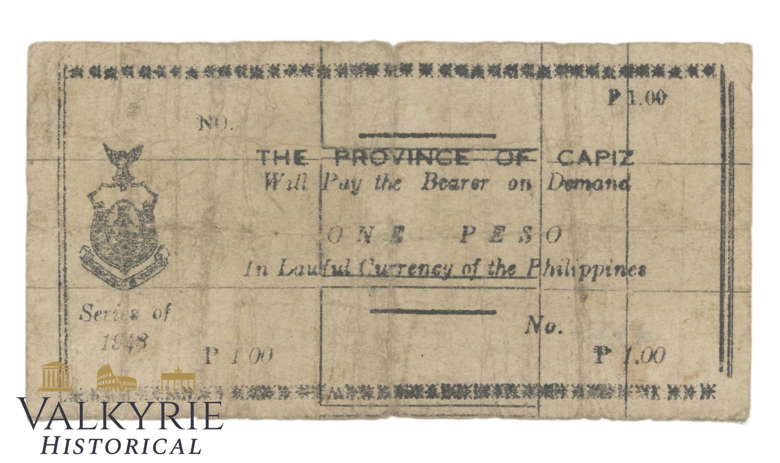 Philippines – Capiz, 1 Pesos, 1943, Pick S202a, G,: Philippines – Capiz, 1 Pesos, 1943, Pick S202a, G, Shipping flat cost $25 it doesn't matter how many items you win. you pay just $25 for shipping.
