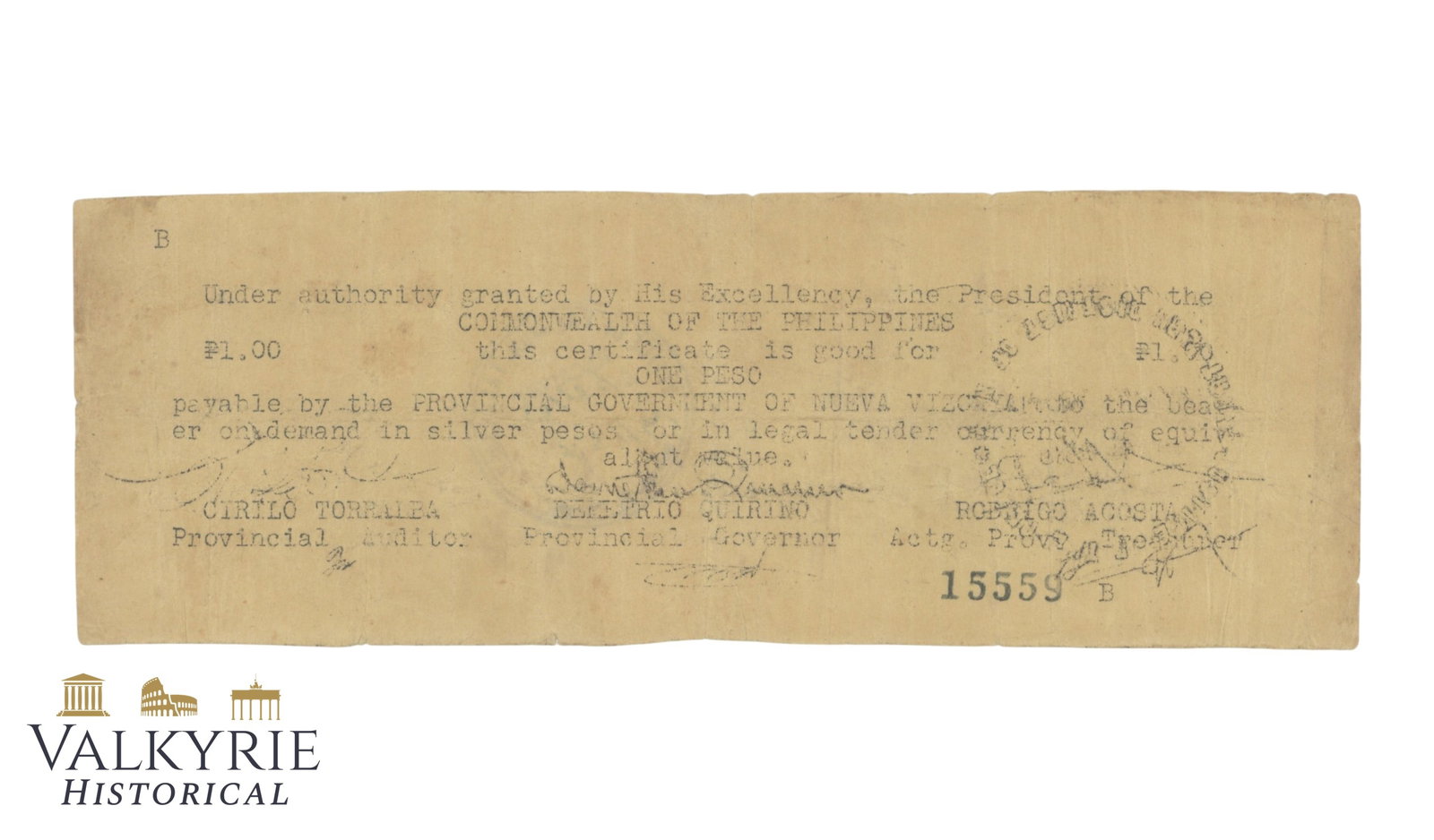 Philippines - Nueva Vizcaya, 1 Peso, Pick S794, VF: Philippines - Nueva Vizcaya, 1 Peso, Pick S794, VF. Shipping flat cost $25 it doesn't matter how many items you win. you pay just $25 for shipping.