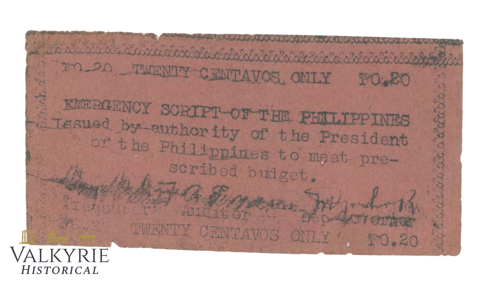 Philippines - Emergency Script, 20 Centavos 1943, Pick S122, VG (1 of 2)