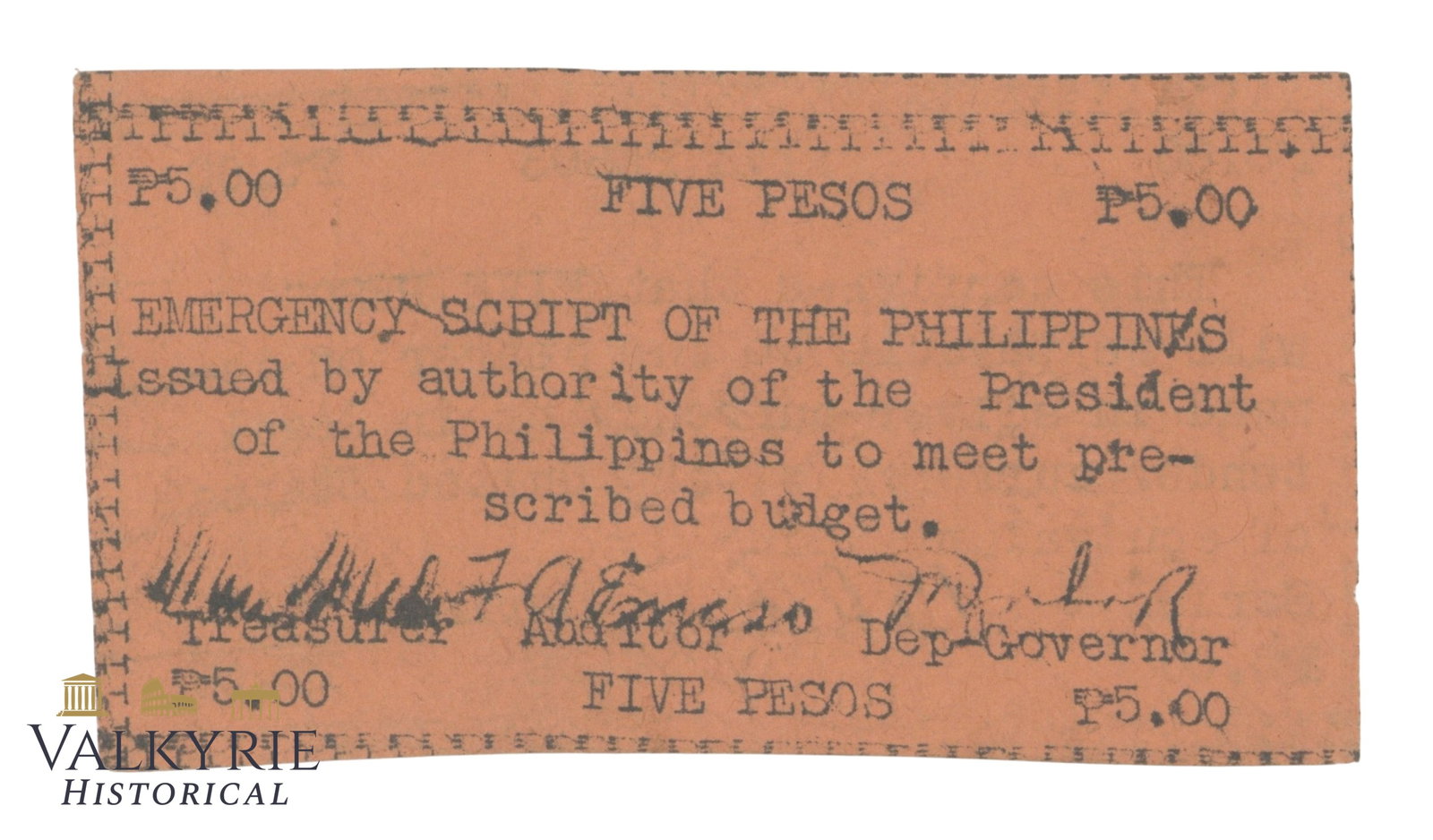 Philippines - Emergency Script, 5 Pesos 1943, Pick S126, VF: Philippines - Emergency Script, 5 Pesos 1943, Pick S126, VF. Shipping flat cost $25 it doesn't matter how many items you win. you pay just $25 for shipping.