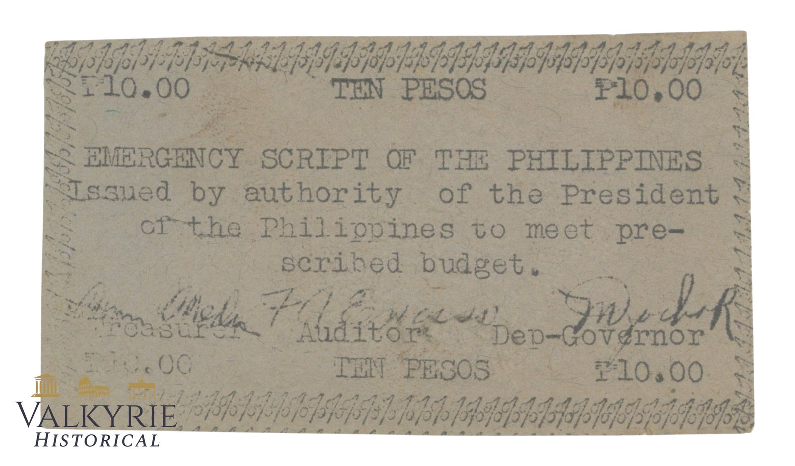 Philippines - Emergency Script, 10 Pesos 1943, Pick S127, F: Philippines - Emergency Script, 10 Pesos 1943, Pick S127, F . Shipping flat cost $25 it doesn't matter how many items you win. you pay just $25 for shipping.