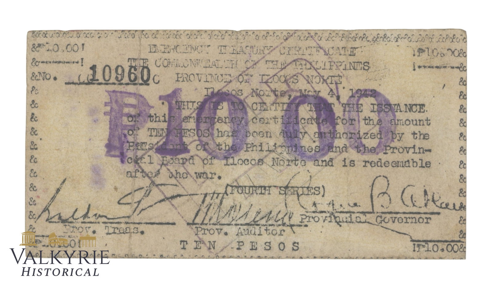 Philippines - Ilocos Norte, 10 Pesos 1942, Pick S283c, F: Philippines - Ilocos Norte, 10 Pesos 1942, Pick S283c, F. Shipping flat cost $25 it doesn't matter how many items you win. you pay just $25 for shipping.