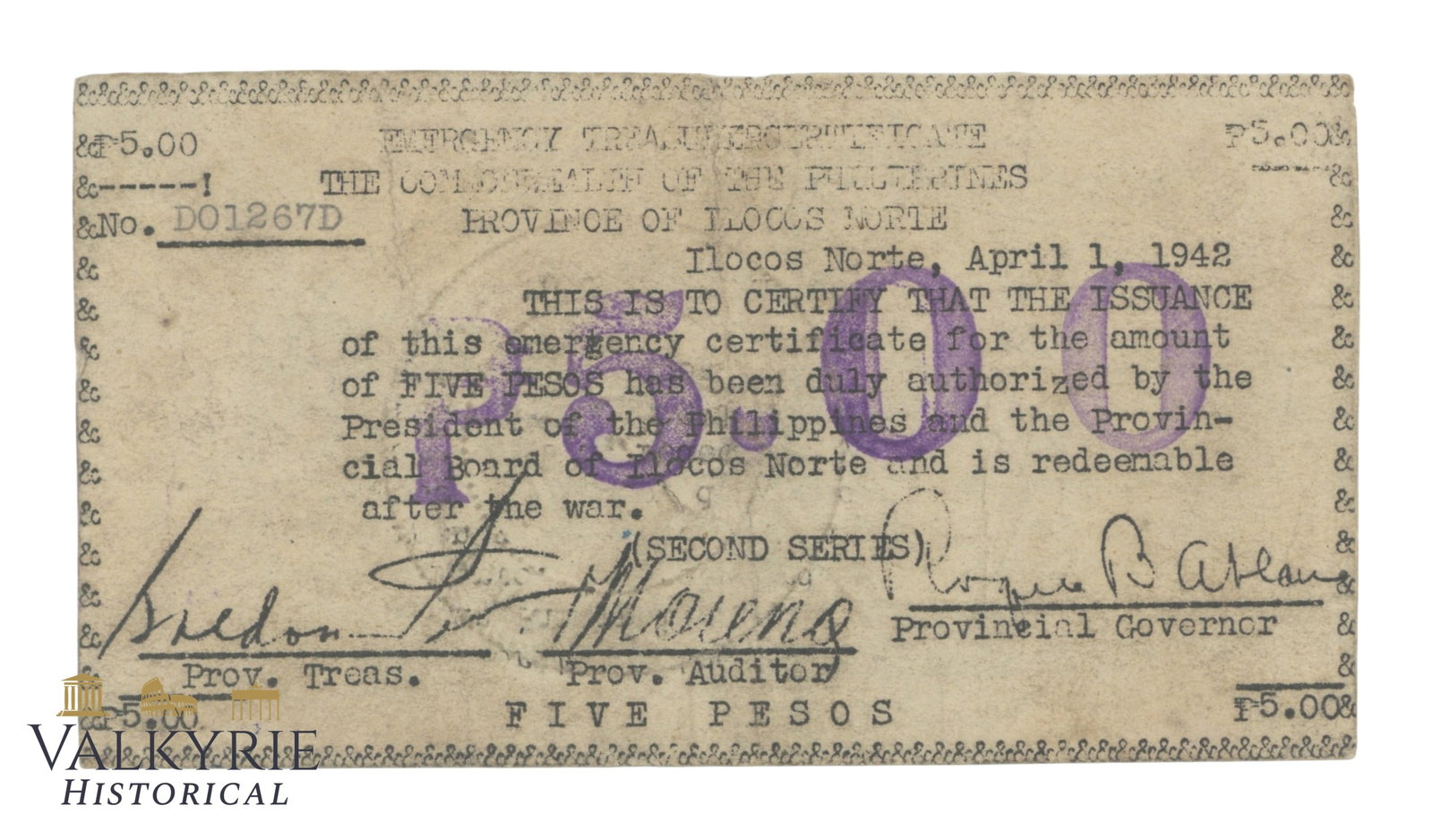 Philippines - Ilocos Norte, 5 Pesos 1942, Pick S272, F: Philippines - Ilocos Norte, 5 Pesos 1942, Pick S272, F. Shipping flat cost $25 it doesn't matter how many items you win. you pay just $25 for shipping.