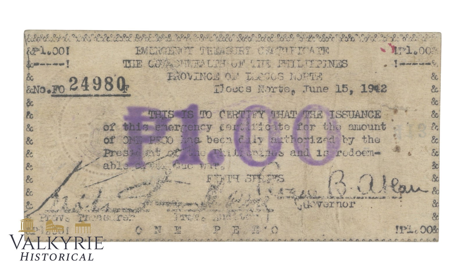 Philippines - Ilocos Norte, 1 Peso 1942, Pick S296, F: Philippines - Ilocos Norte, 1 Peso 1942, Pick S296, F . Shipping flat cost $25 it doesn't matter how many items you win. you pay just $25 for shipping.